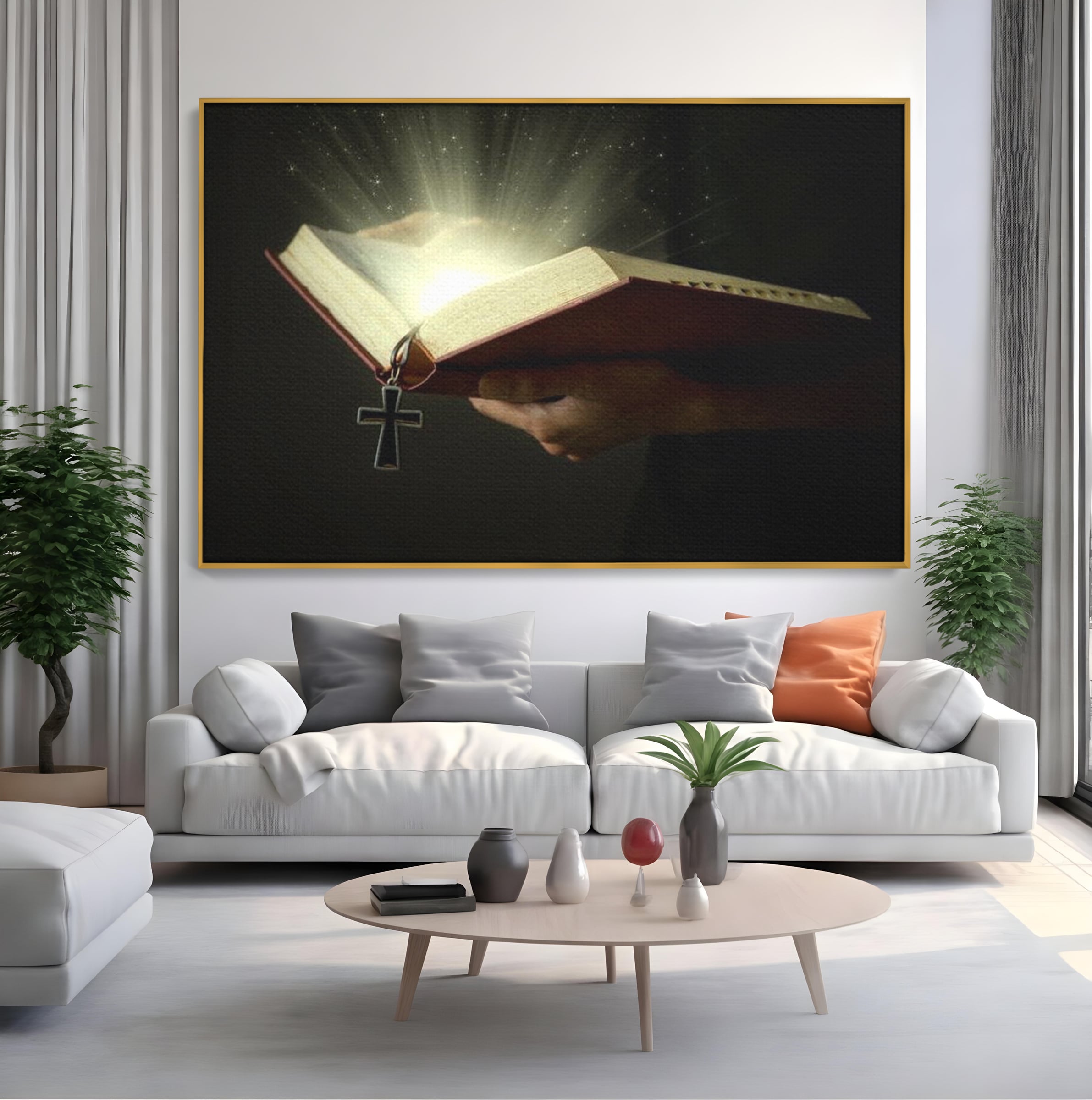Leinwand Wandkunst Leinwand Wandkunst Premium LuxCanva® H1009, Bibel und Heiliges Licht , Bibel, Licht, Kreuz, Wahrheit, Heilig, Erlösung, Seele, Göttlich, Wohnen, Schlafzimmer
