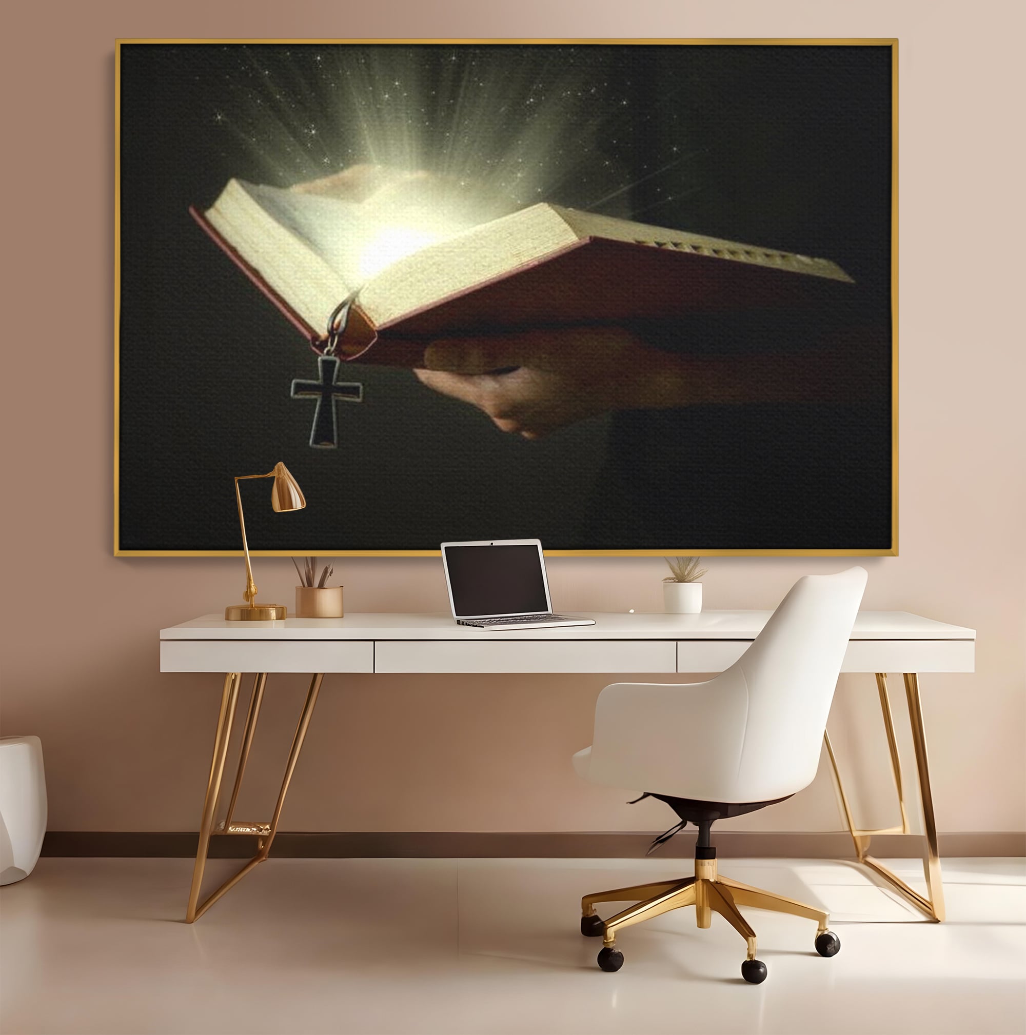 Leinwand Wandkunst Leinwand Wandkunst Premium LuxCanva® H1009, Bibel und Heiliges Licht , Bibel, Licht, Kreuz, Wahrheit, Heilig, Erlösung, Seele, Göttlich, Wohnen, Schlafzimmer