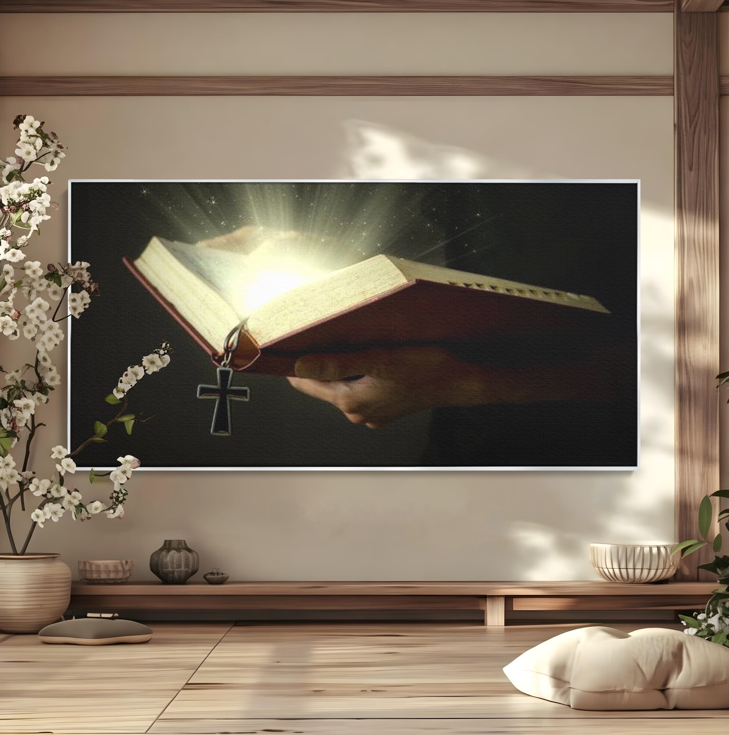 Leinwand Wandkunst Leinwand Wandkunst Premium LuxCanva® H1009, Bibel und Heiliges Licht , Bibel, Licht, Kreuz, Wahrheit, Heilig, Erlösung, Seele, Göttlich, Wohnen, Schlafzimmer