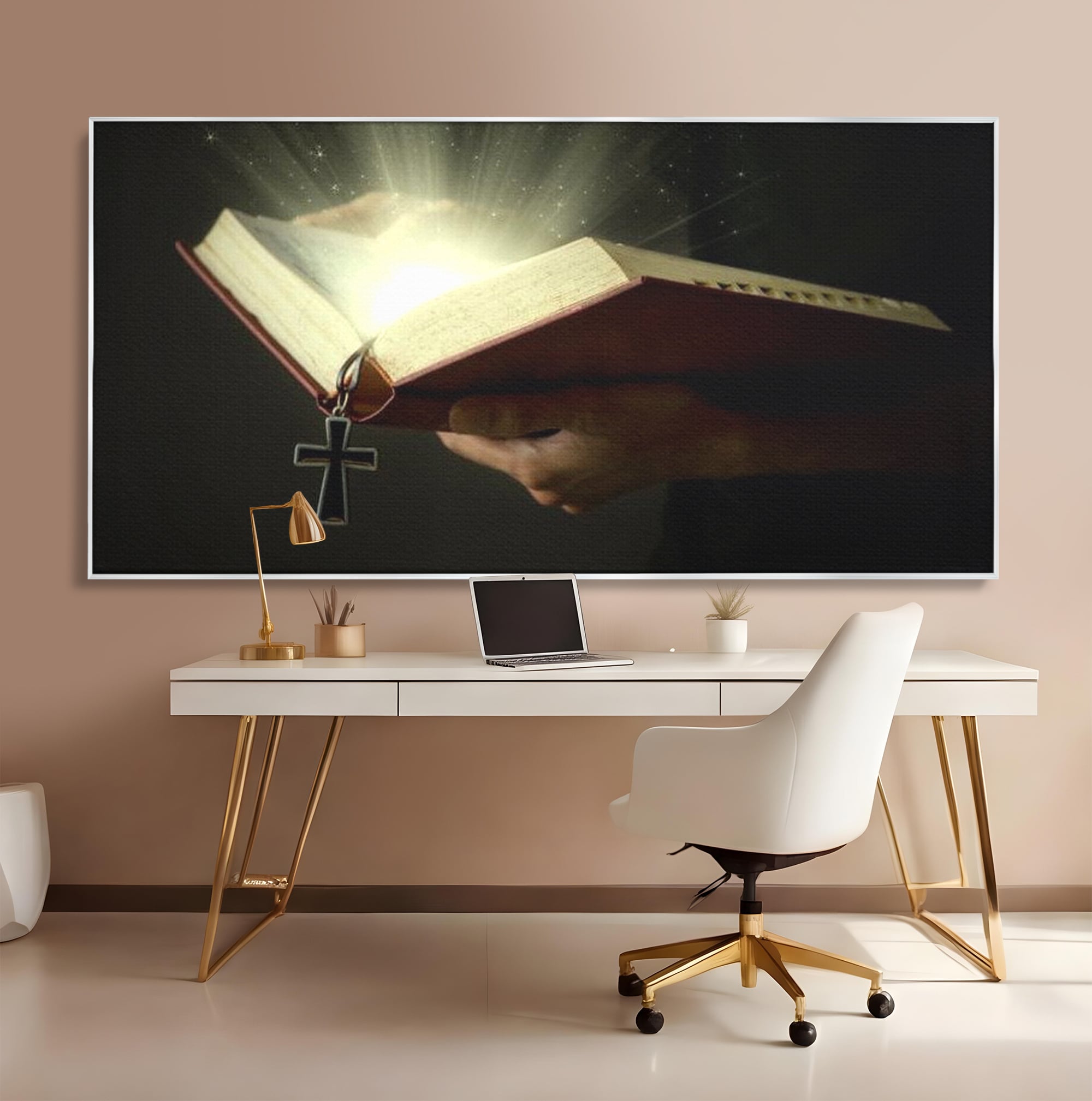 Leinwand Wandkunst Leinwand Wandkunst Premium LuxCanva® H1009, Bibel und Heiliges Licht , Bibel, Licht, Kreuz, Wahrheit, Heilig, Erlösung, Seele, Göttlich, Wohnen, Schlafzimmer