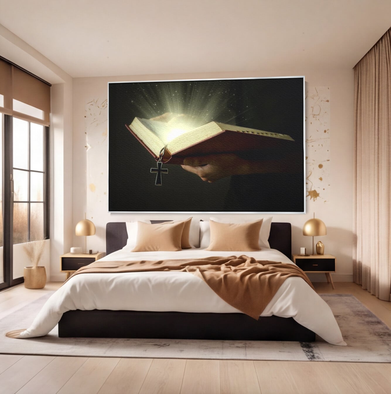Leinwand Wandkunst Leinwand Wandkunst Premium LuxCanva® H1009, Bibel und Heiliges Licht , Bibel, Licht, Kreuz, Wahrheit, Heilig, Erlösung, Seele, Göttlich, Wohnen, Schlafzimmer