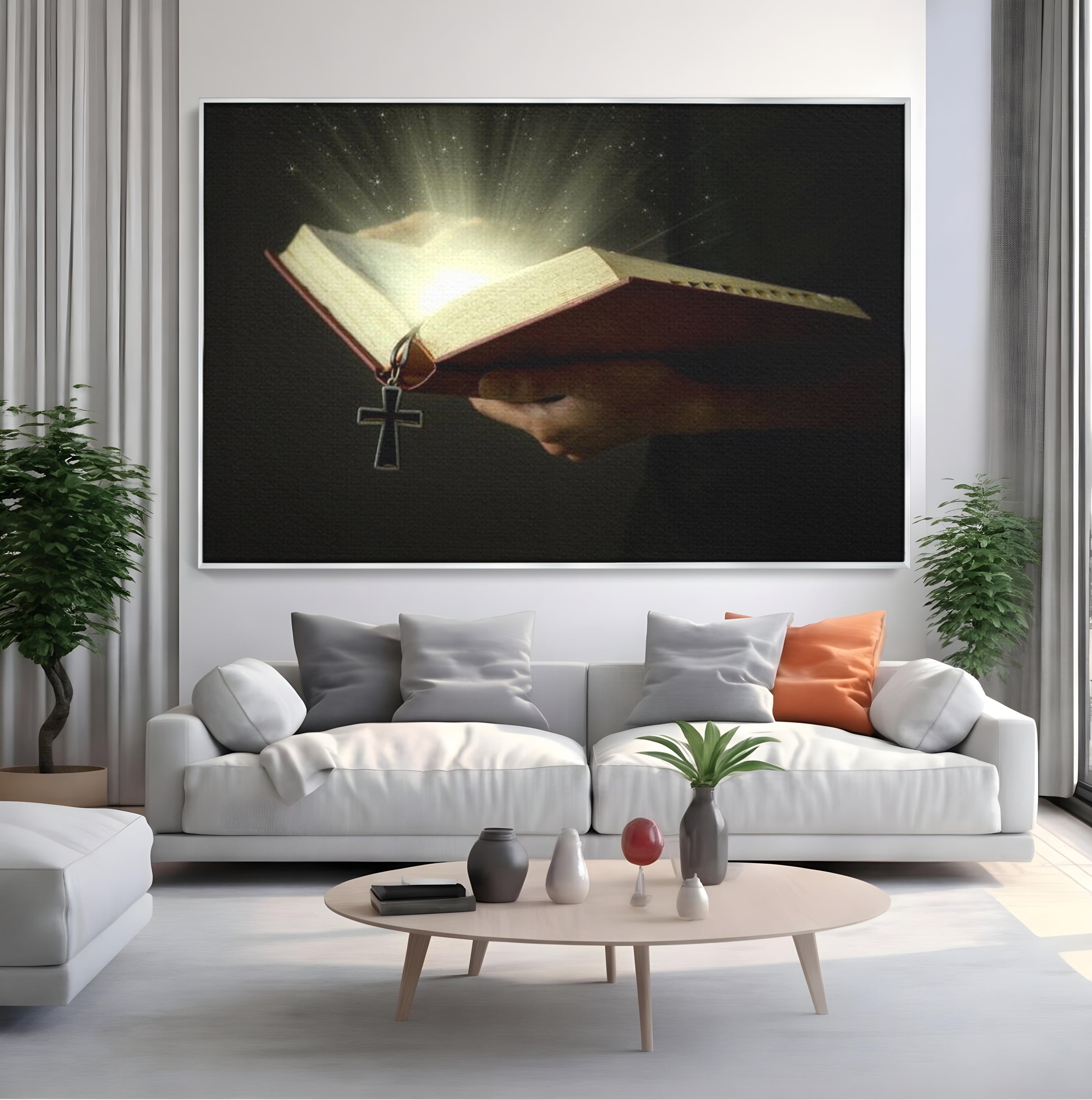 Leinwand Wandkunst Leinwand Wandkunst Premium LuxCanva® H1009, Bibel und Heiliges Licht , Bibel, Licht, Kreuz, Wahrheit, Heilig, Erlösung, Seele, Göttlich, Wohnen, Schlafzimmer