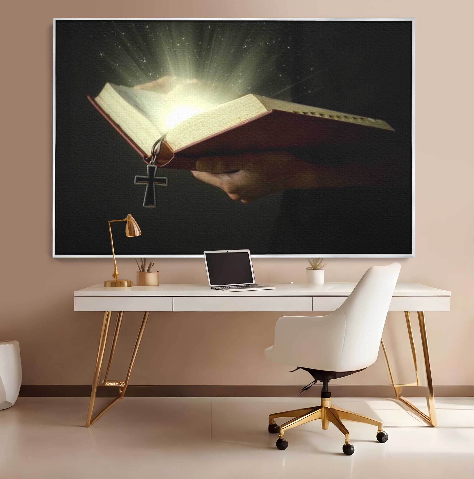 Leinwand Wandkunst Leinwand Wandkunst Premium LuxCanva® H1009, Bibel und Heiliges Licht , Bibel, Licht, Kreuz, Wahrheit, Heilig, Erlösung, Seele, Göttlich, Wohnen, Schlafzimmer