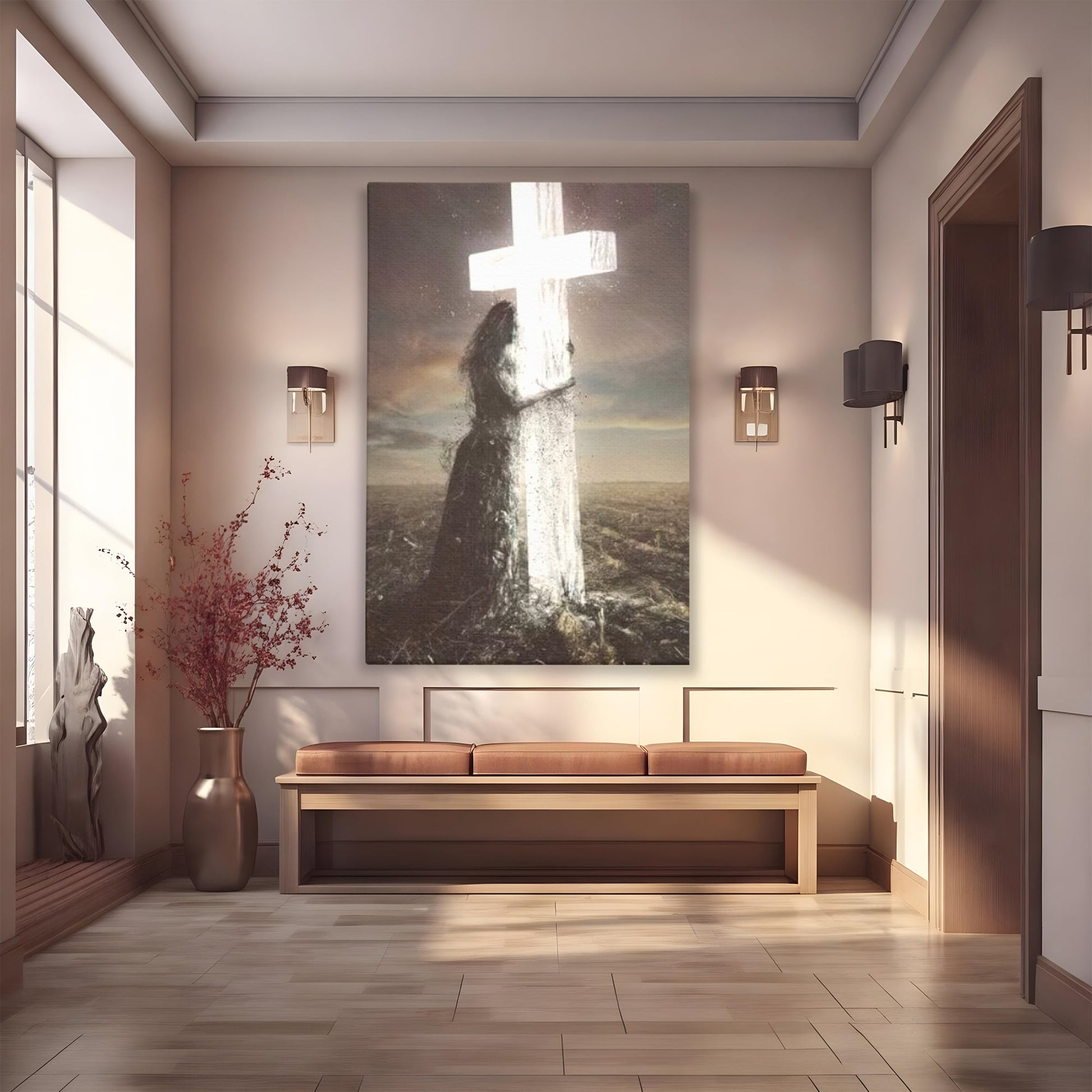 Tablou Canvas Premium LuxCanva® H1013, Imbratisarea Divinitatii , Cruce, Lumina, Mangaiere, Imbratisare, Salvare, Iubire, Putere, Living, Dormitor