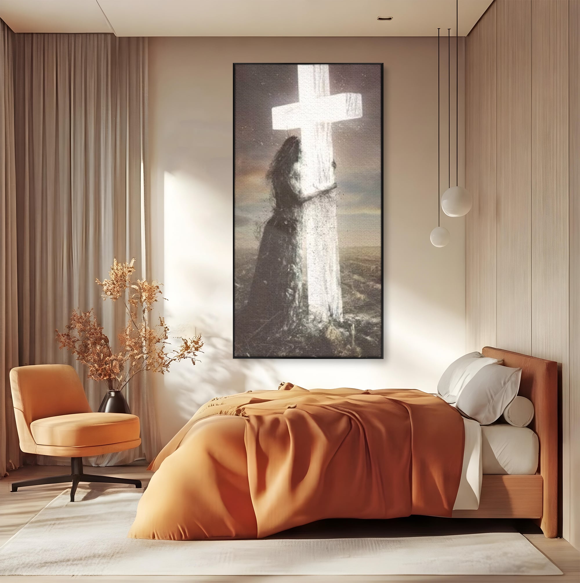 Tablou Canvas Premium LuxCanva® H1013, Imbratisarea Divinitatii , Cruce, Lumina, Mangaiere, Imbratisare, Salvare, Iubire, Putere, Living, Dormitor