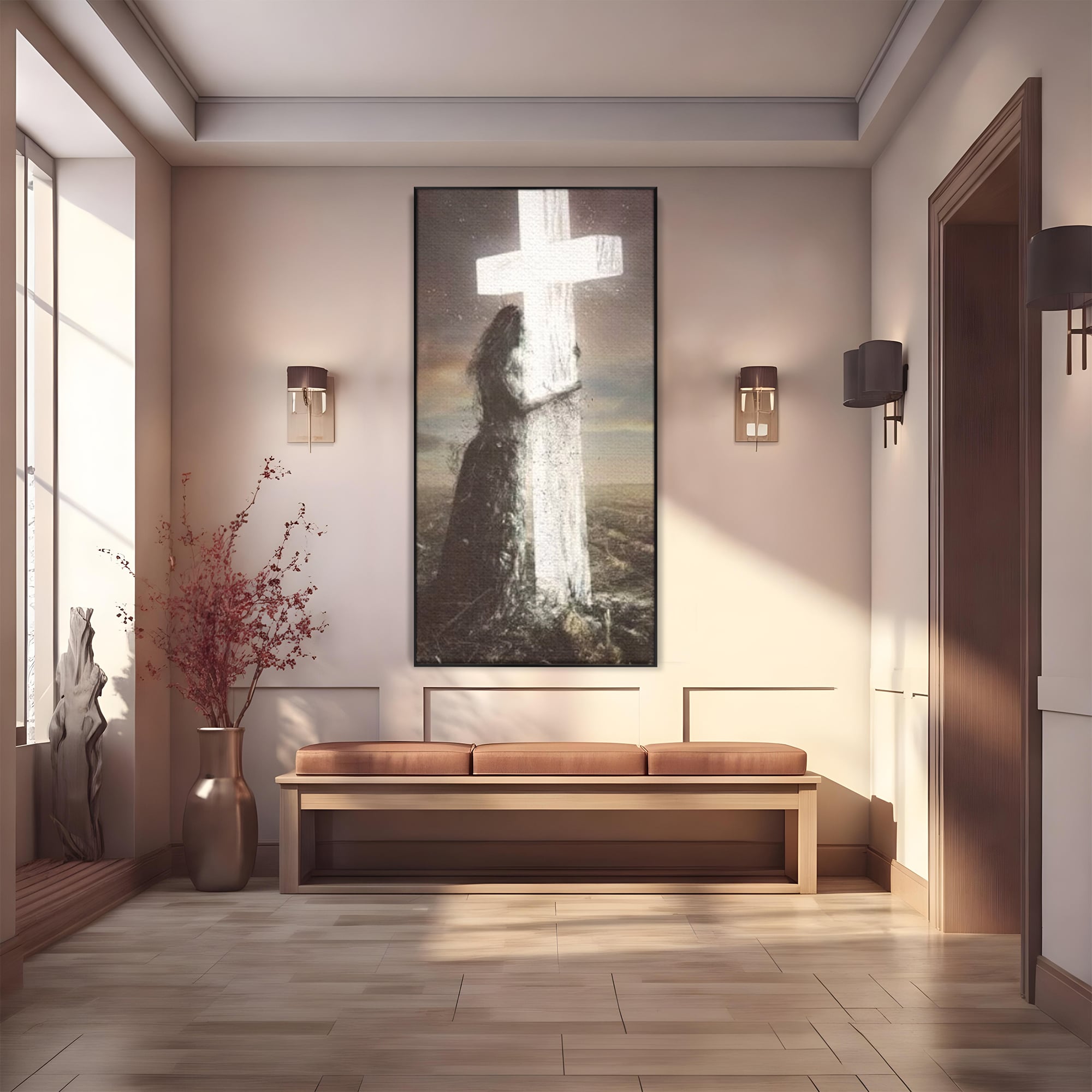 Tablou Canvas Premium LuxCanva® H1013, Imbratisarea Divinitatii , Cruce, Lumina, Mangaiere, Imbratisare, Salvare, Iubire, Putere, Living, Dormitor