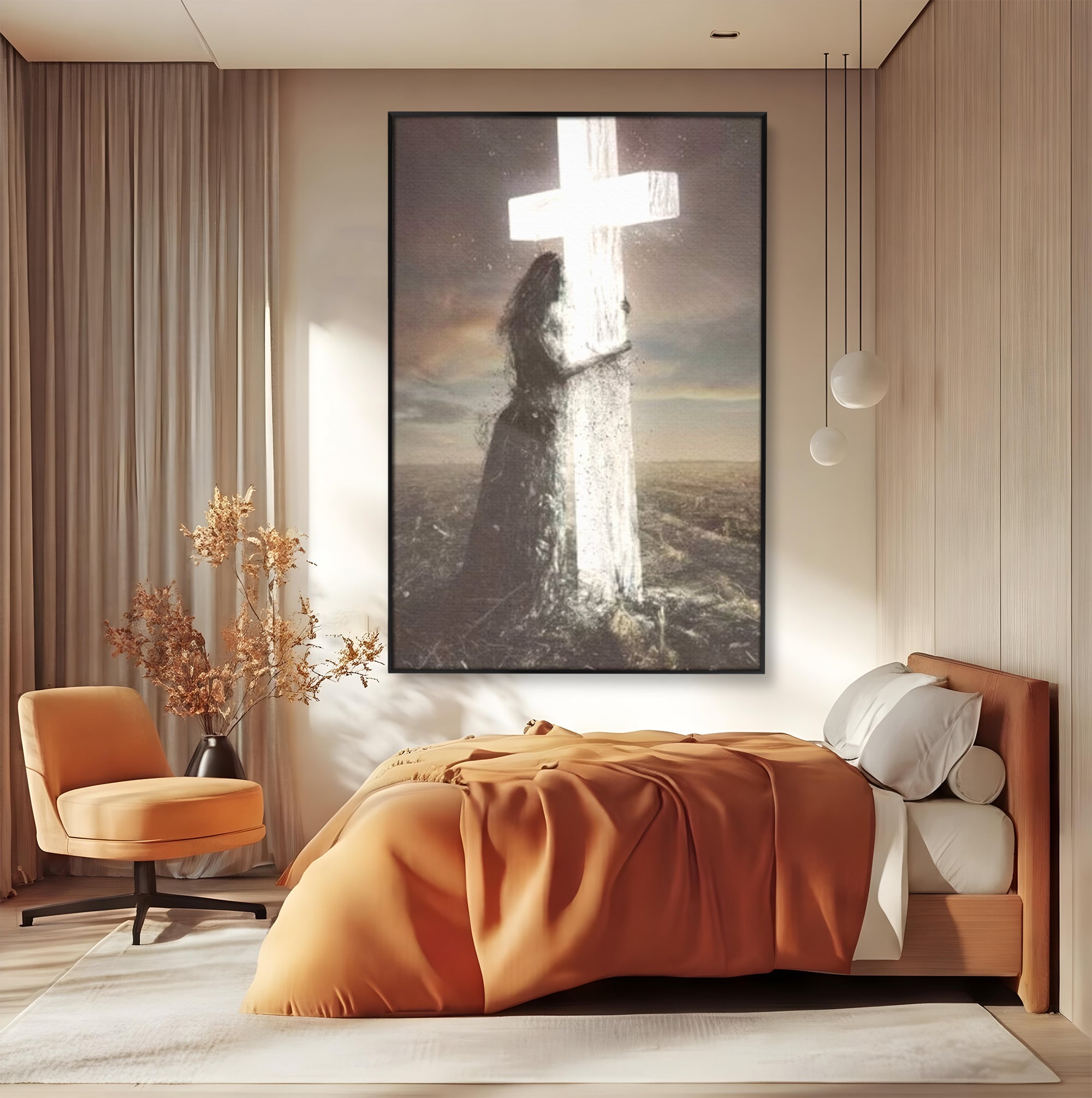 Tablou Canvas Premium LuxCanva® H1013, Imbratisarea Divinitatii , Cruce, Lumina, Mangaiere, Imbratisare, Salvare, Iubire, Putere, Living, Dormitor