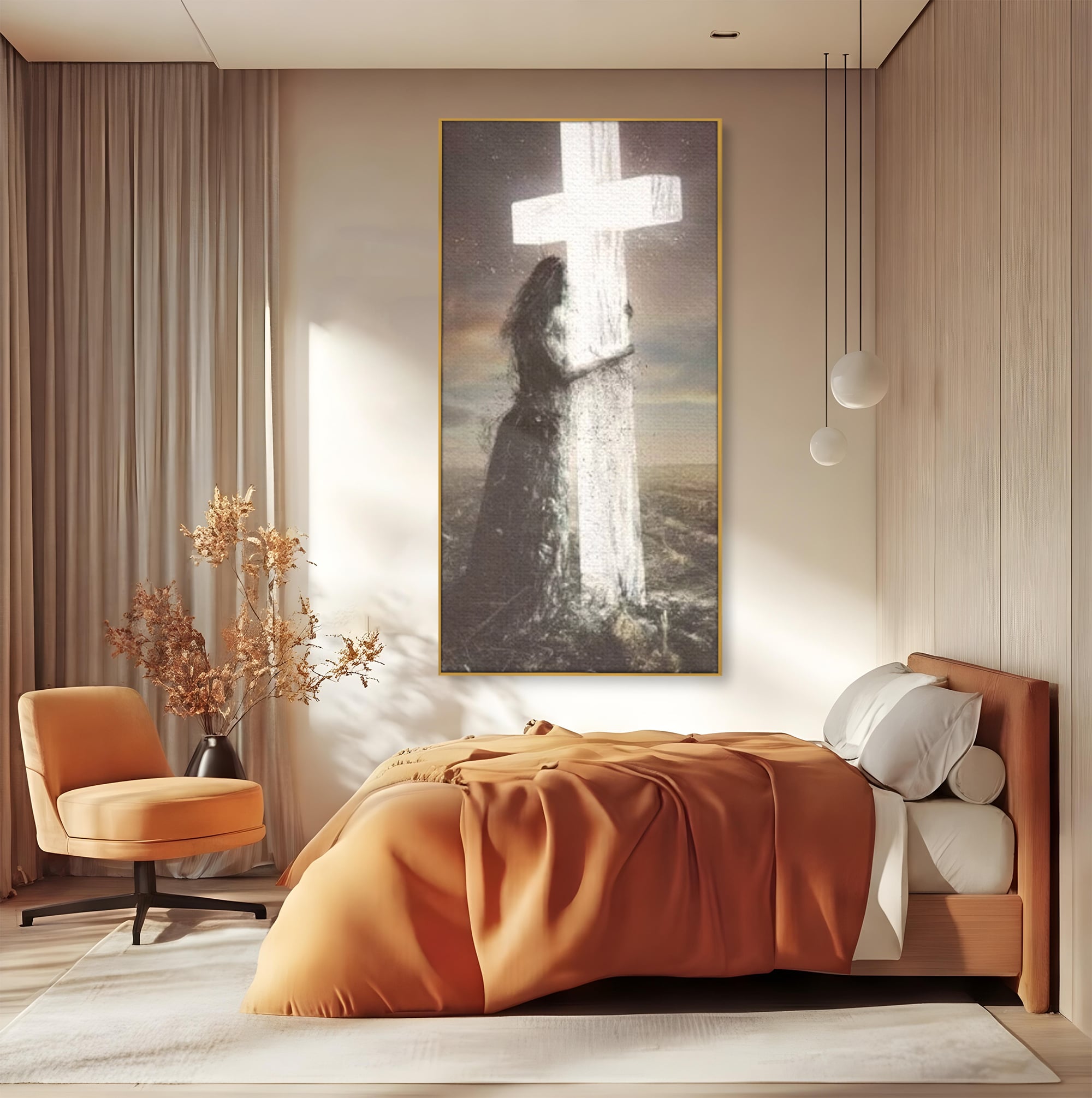 Tablou Canvas Premium LuxCanva® H1013, Imbratisarea Divinitatii , Cruce, Lumina, Mangaiere, Imbratisare, Salvare, Iubire, Putere, Living, Dormitor