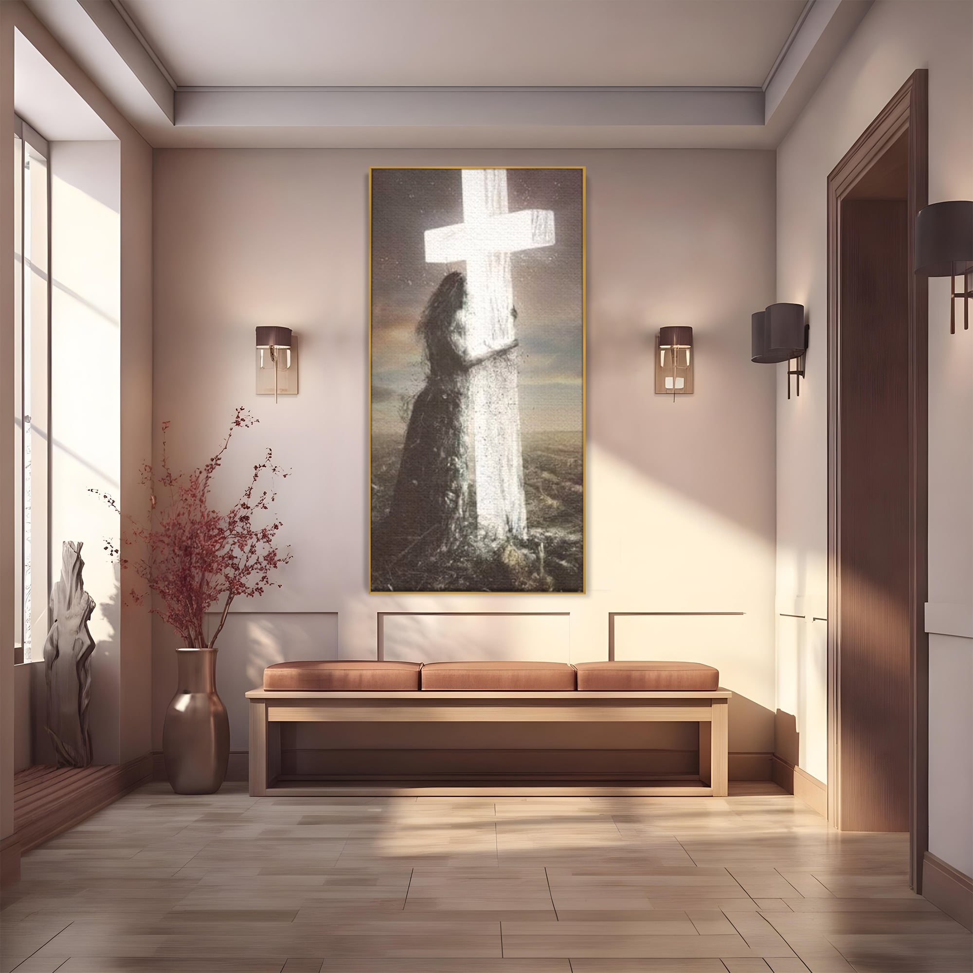Tablou Canvas Premium LuxCanva® H1013, Imbratisarea Divinitatii , Cruce, Lumina, Mangaiere, Imbratisare, Salvare, Iubire, Putere, Living, Dormitor