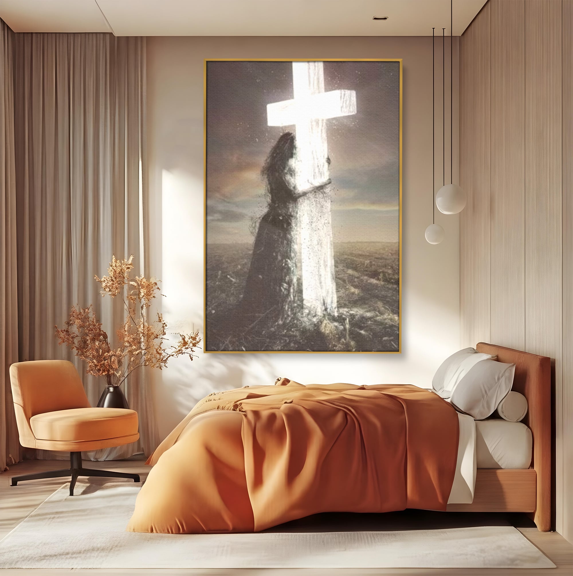 Tablou Canvas Premium LuxCanva® H1013, Imbratisarea Divinitatii , Cruce, Lumina, Mangaiere, Imbratisare, Salvare, Iubire, Putere, Living, Dormitor