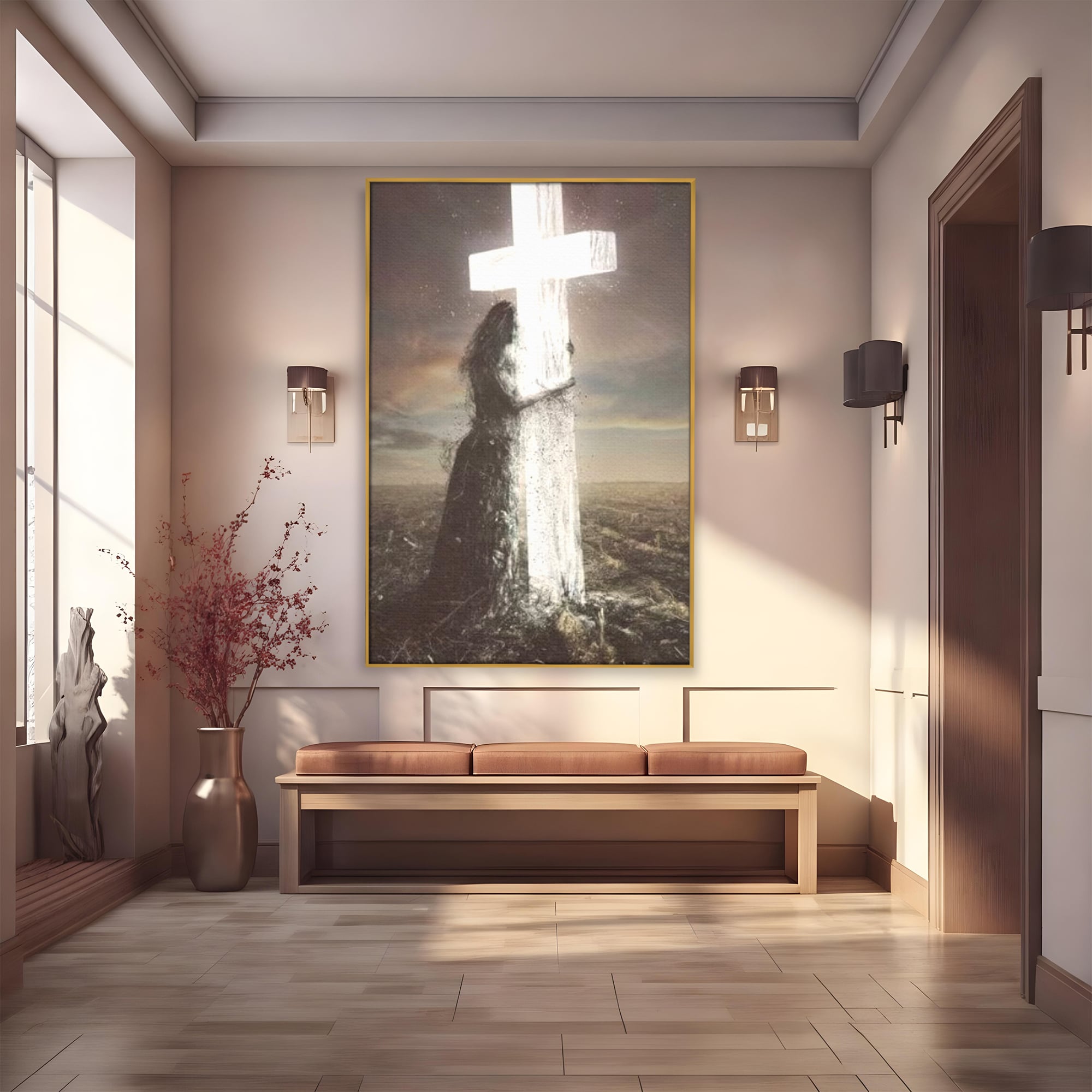 Tablou Canvas Premium LuxCanva® H1013, Imbratisarea Divinitatii , Cruce, Lumina, Mangaiere, Imbratisare, Salvare, Iubire, Putere, Living, Dormitor
