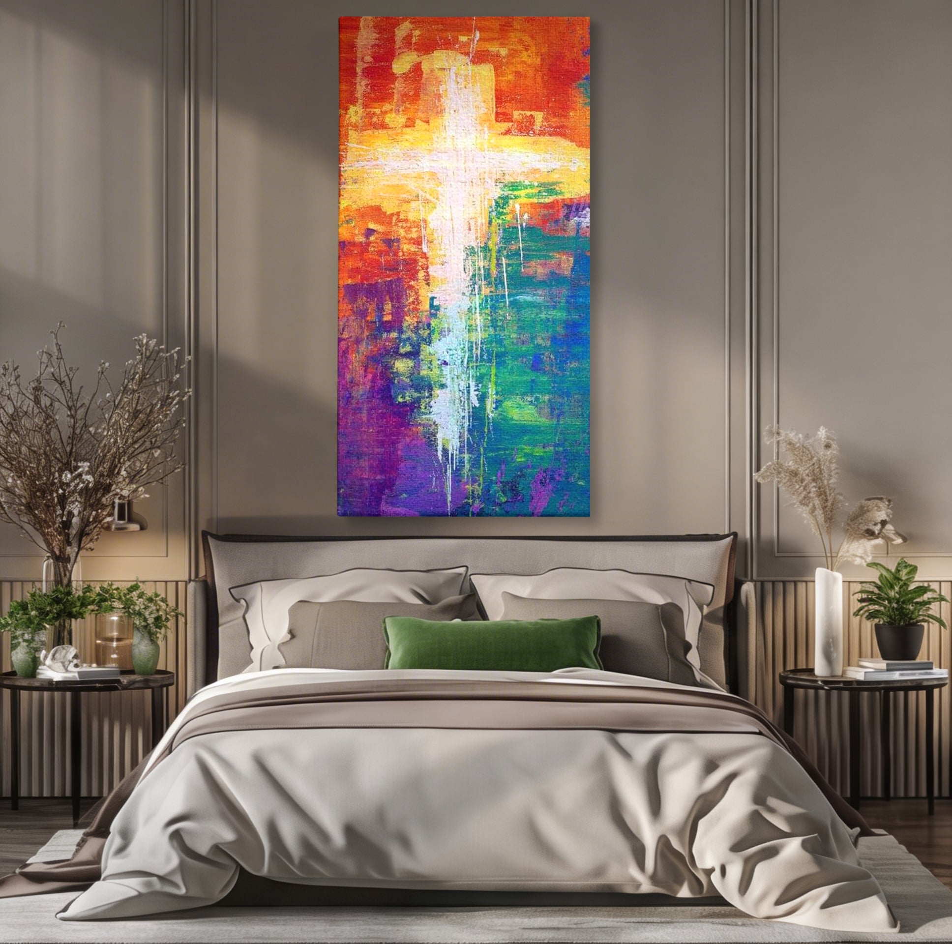 Tablou Canvas Premium LuxCanva® H1014, Lumina Divina in Culori , Lumina, Culori, Credinta, Cruce, Divinitate, Emotie, Simbol, Inspiratie, Living