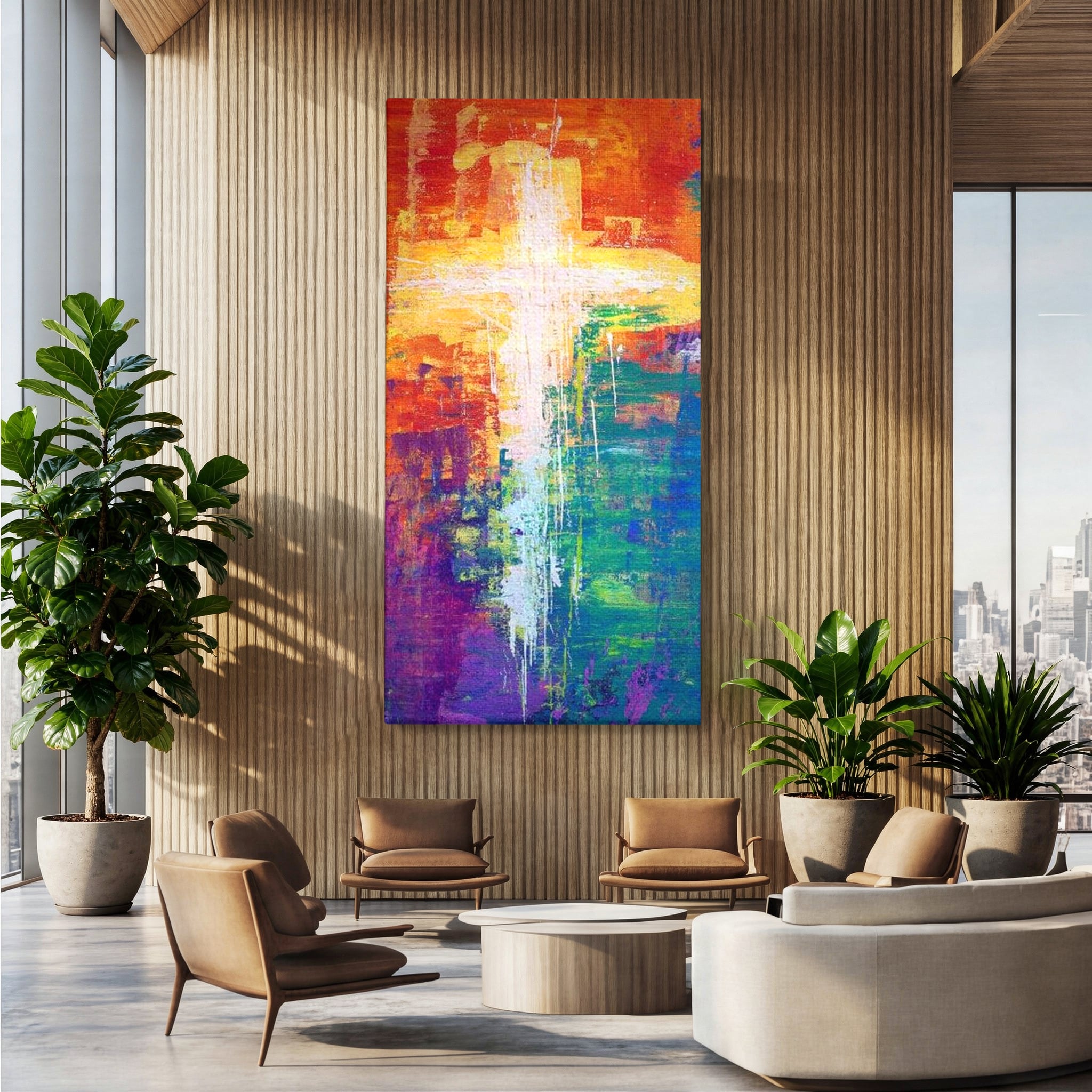 Tablou Canvas Premium LuxCanva® H1014, Lumina Divina in Culori , Lumina, Culori, Credinta, Cruce, Divinitate, Emotie, Simbol, Inspiratie, Living