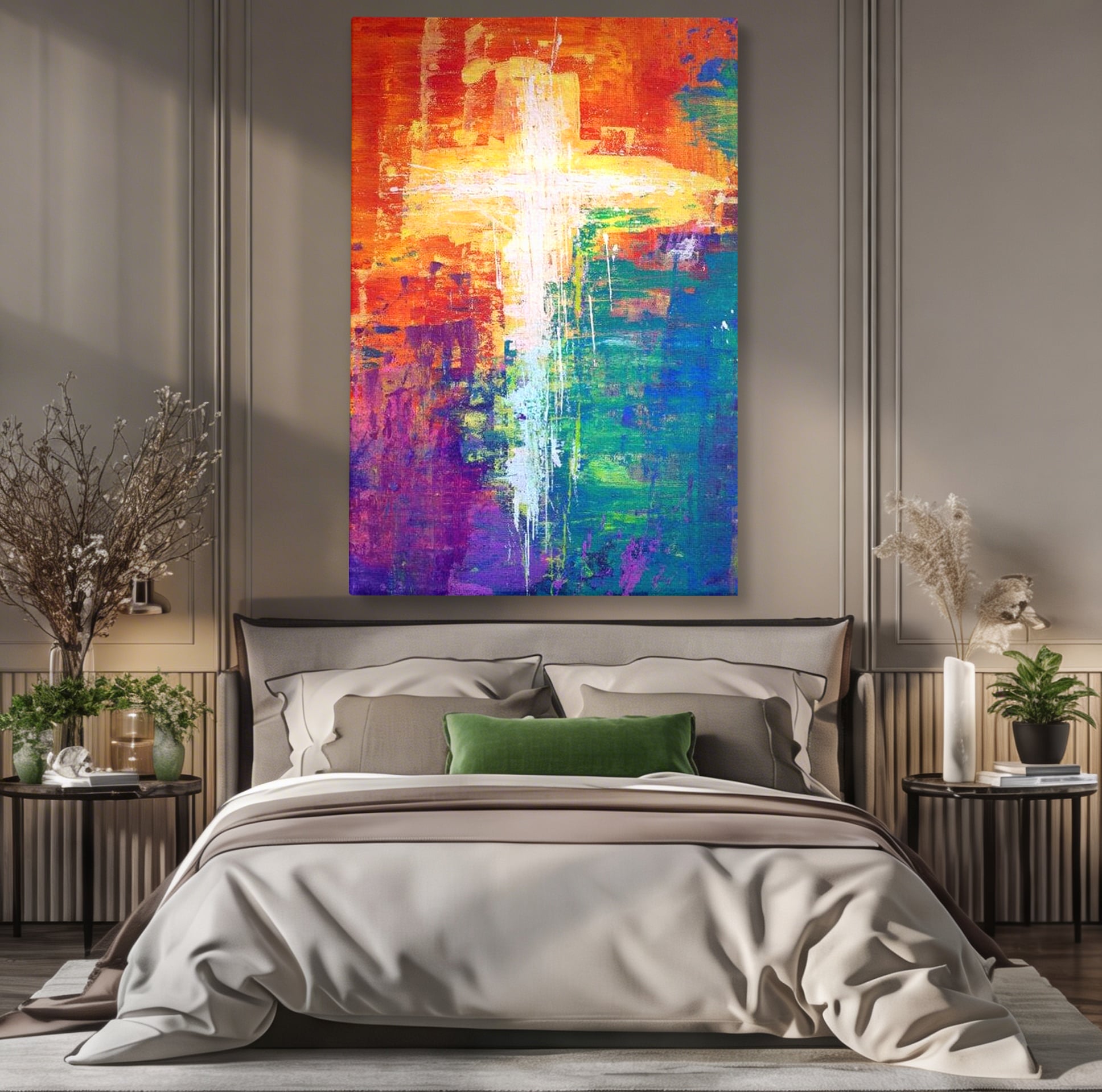 Tablou Canvas Premium LuxCanva® H1014, Lumina Divina in Culori , Lumina, Culori, Credinta, Cruce, Divinitate, Emotie, Simbol, Inspiratie, Living