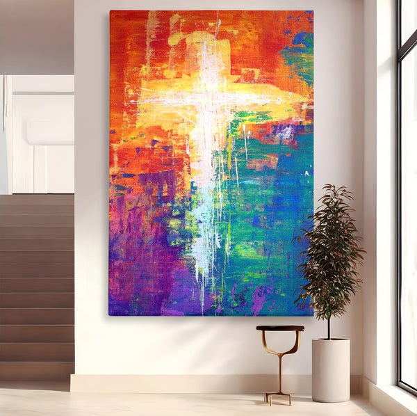 Tablou Canvas Premium LuxCanva® H1014, Lumina Divina in Culori , Lumina, Culori, Credinta, Cruce, Divinitate, Emotie, Simbol, Inspiratie, Living