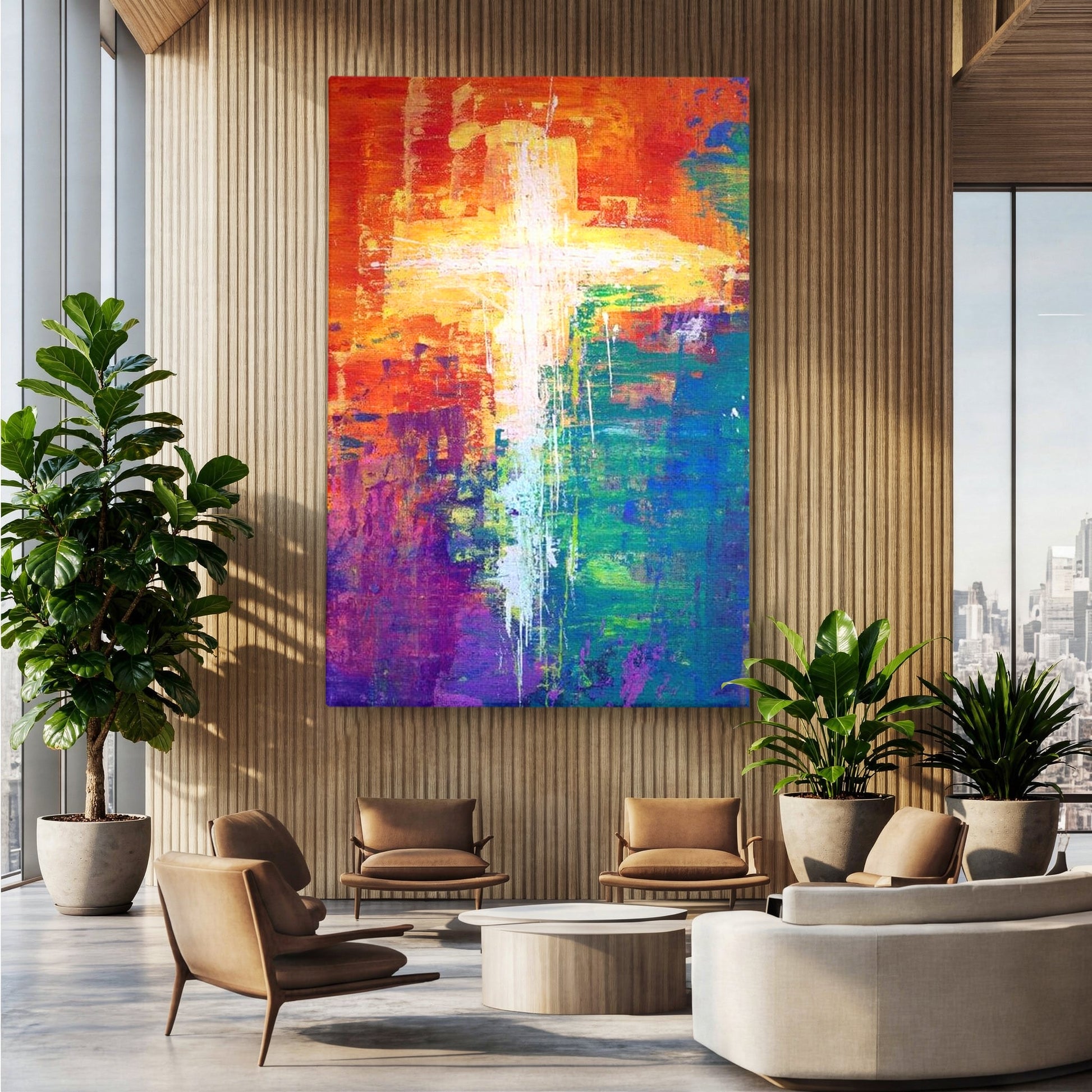 Tablou Canvas Premium LuxCanva® H1014, Lumina Divina in Culori , Lumina, Culori, Credinta, Cruce, Divinitate, Emotie, Simbol, Inspiratie, Living