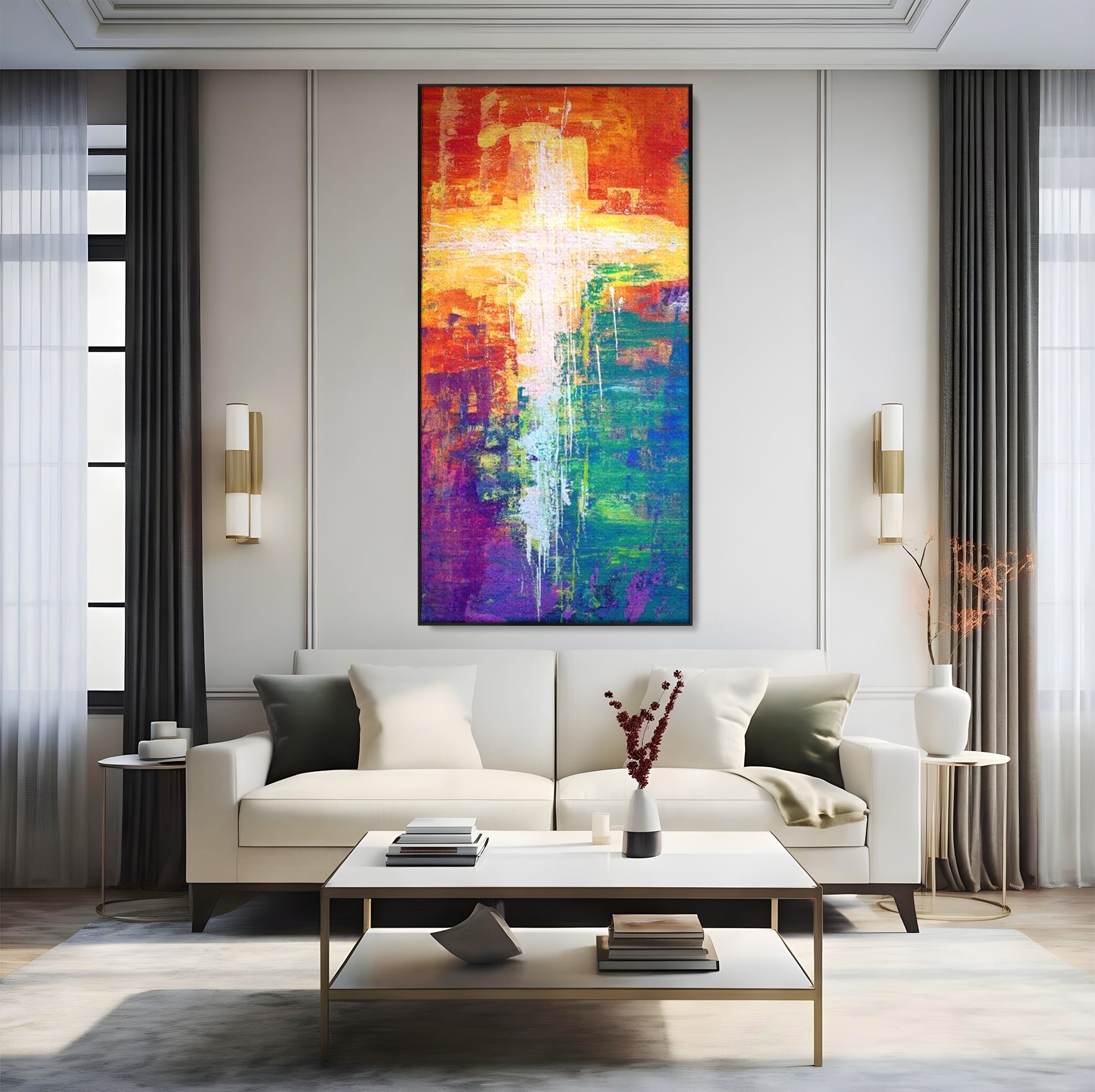 Tablou Canvas Premium LuxCanva® H1014, Lumina Divina in Culori , Lumina, Culori, Credinta, Cruce, Divinitate, Emotie, Simbol, Inspiratie, Living