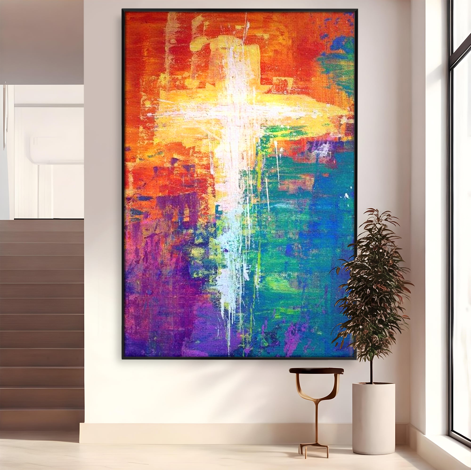 Tablou Canvas Premium LuxCanva® H1014, Lumina Divina in Culori , Lumina, Culori, Credinta, Cruce, Divinitate, Emotie, Simbol, Inspiratie, Living