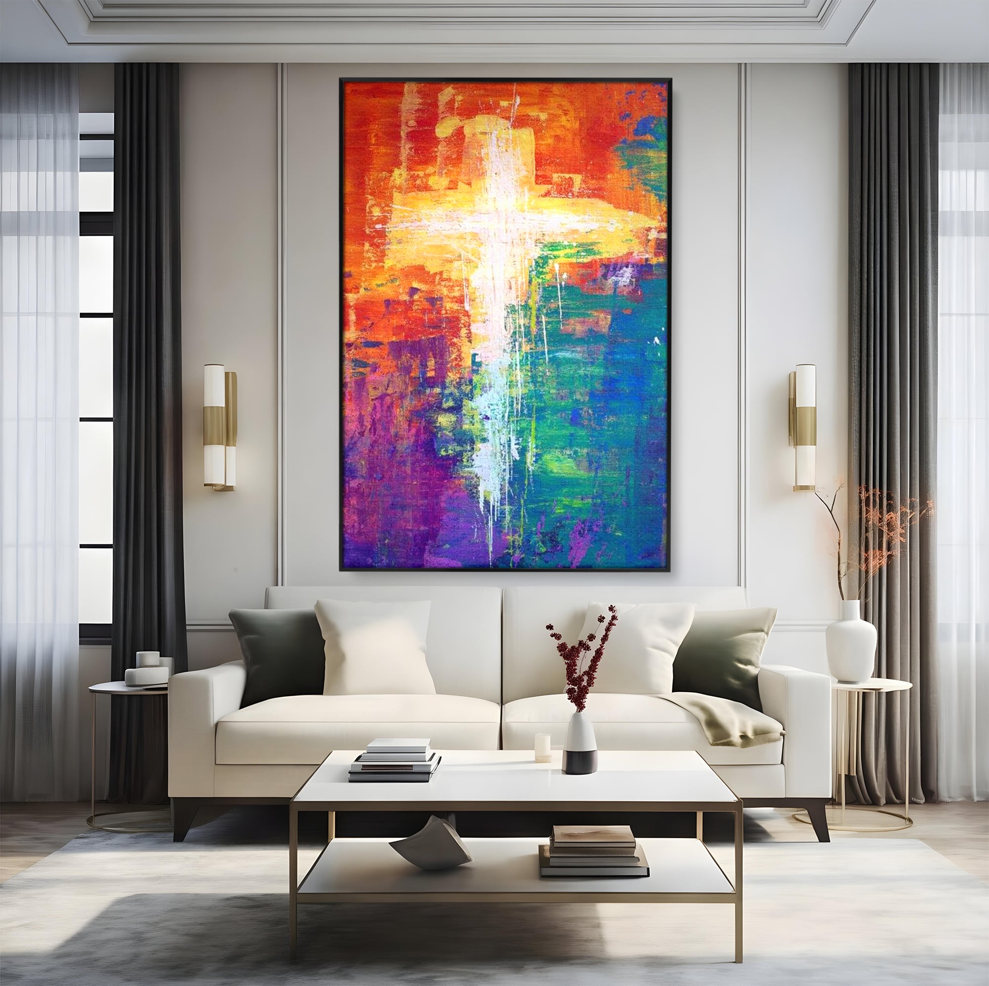 Tablou Canvas Premium LuxCanva® H1014, Lumina Divina in Culori , Lumina, Culori, Credinta, Cruce, Divinitate, Emotie, Simbol, Inspiratie, Living