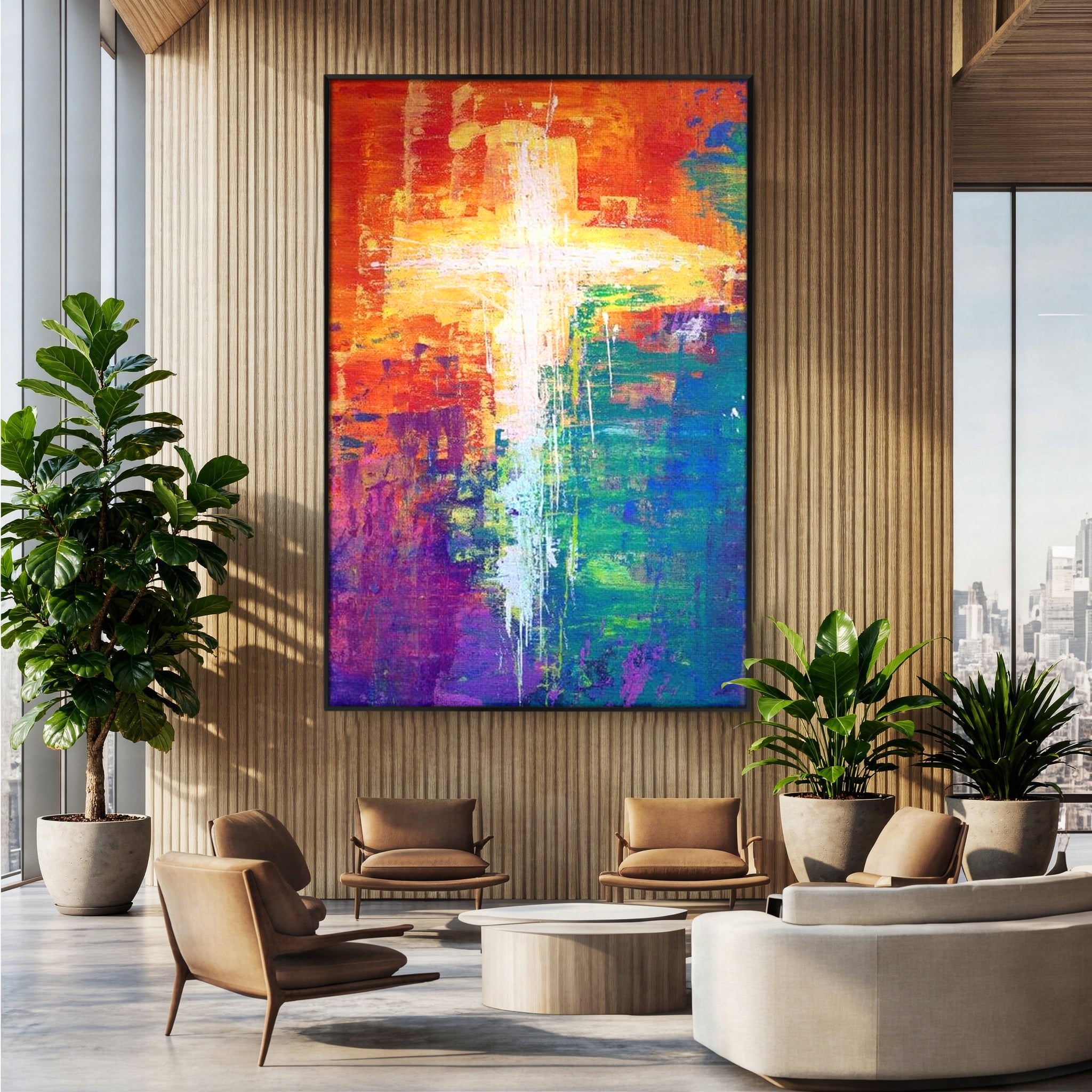 Tablou Canvas Premium LuxCanva® H1014, Lumina Divina in Culori , Lumina, Culori, Credinta, Cruce, Divinitate, Emotie, Simbol, Inspiratie, Living