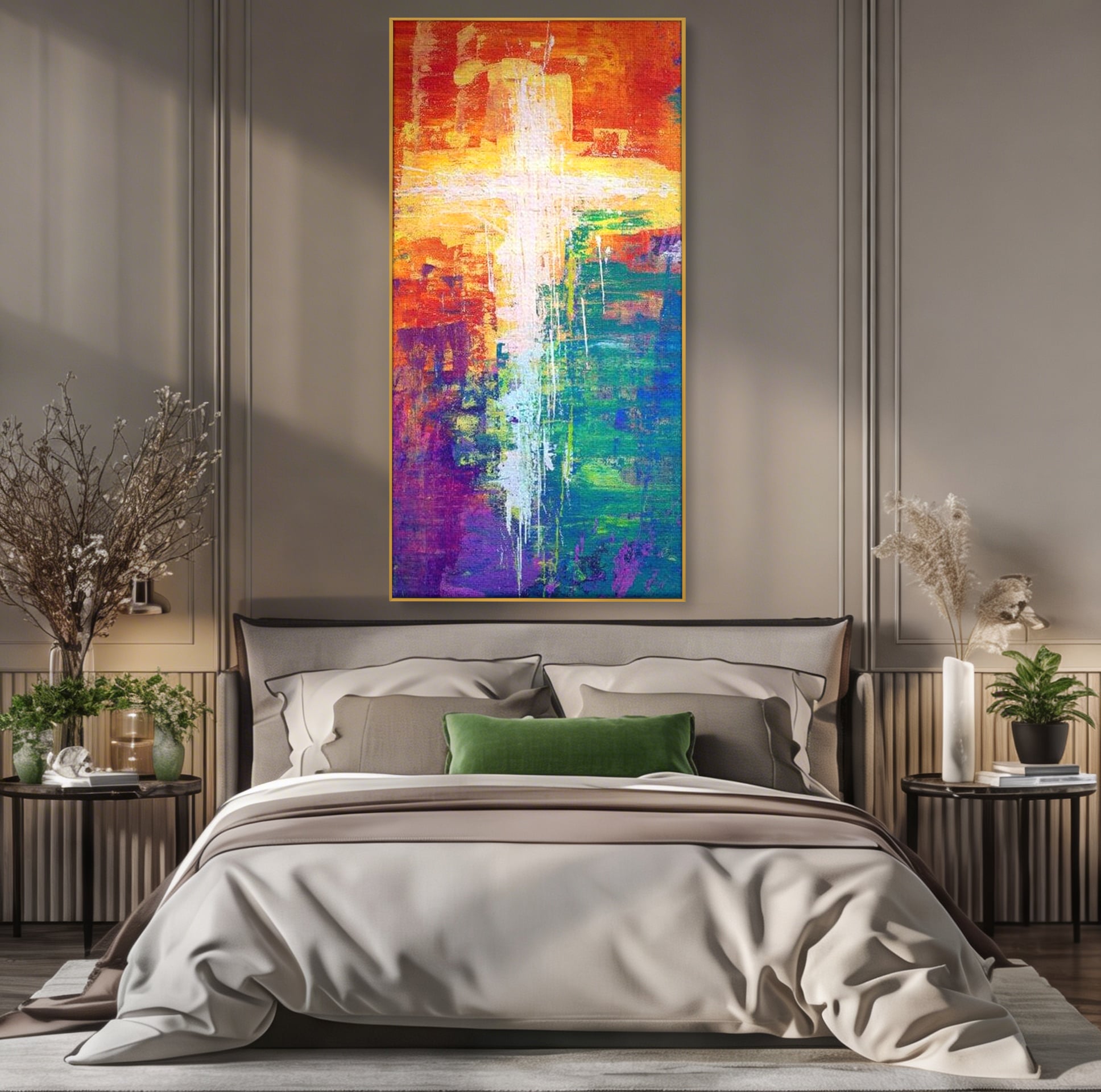 Tablou Canvas Premium LuxCanva® H1014, Lumina Divina in Culori , Lumina, Culori, Credinta, Cruce, Divinitate, Emotie, Simbol, Inspiratie, Living