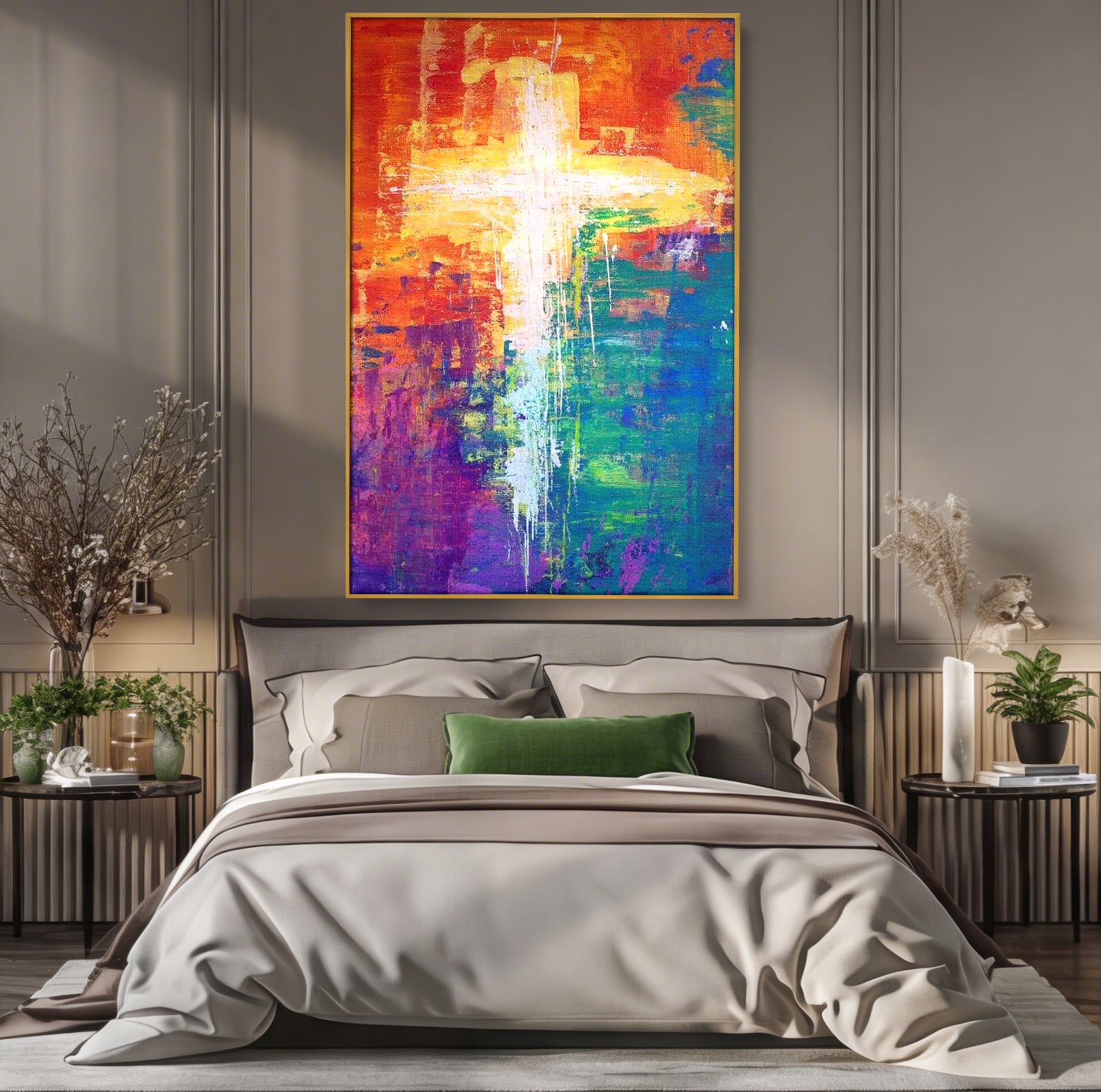 Tablou Canvas Premium LuxCanva® H1014, Lumina Divina in Culori , Lumina, Culori, Credinta, Cruce, Divinitate, Emotie, Simbol, Inspiratie, Living