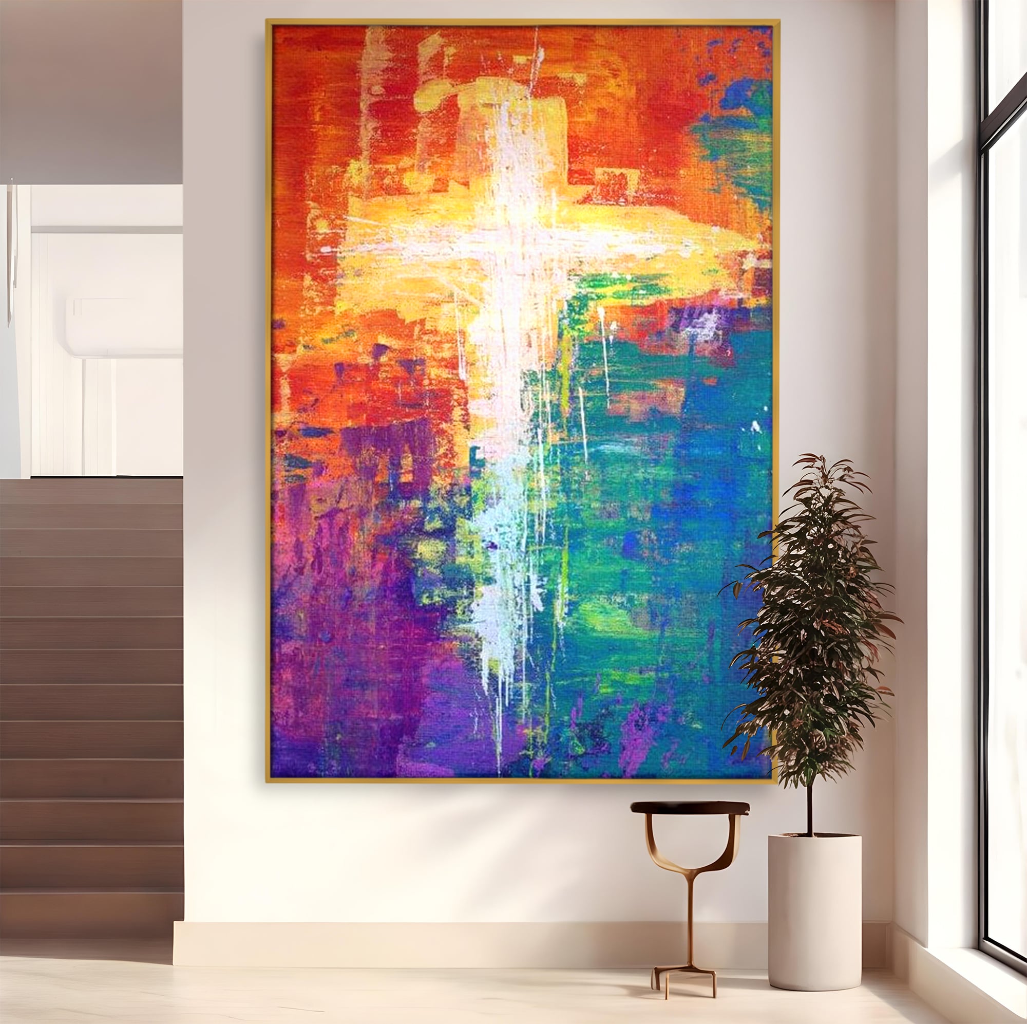 Tablou Canvas Premium LuxCanva® H1014, Lumina Divina in Culori , Lumina, Culori, Credinta, Cruce, Divinitate, Emotie, Simbol, Inspiratie, Living