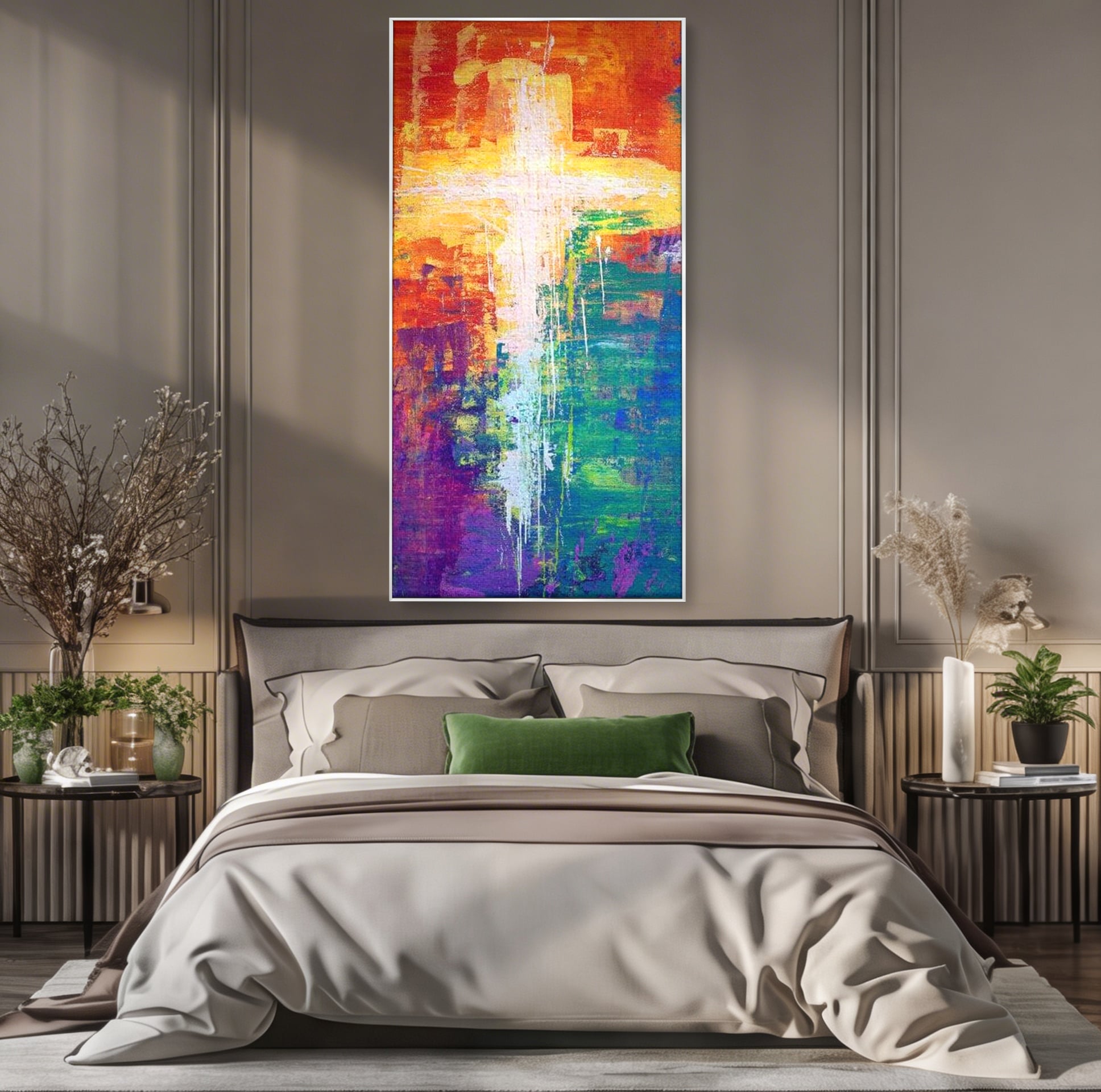 Tablou Canvas Premium LuxCanva® H1014, Lumina Divina in Culori , Lumina, Culori, Credinta, Cruce, Divinitate, Emotie, Simbol, Inspiratie, Living