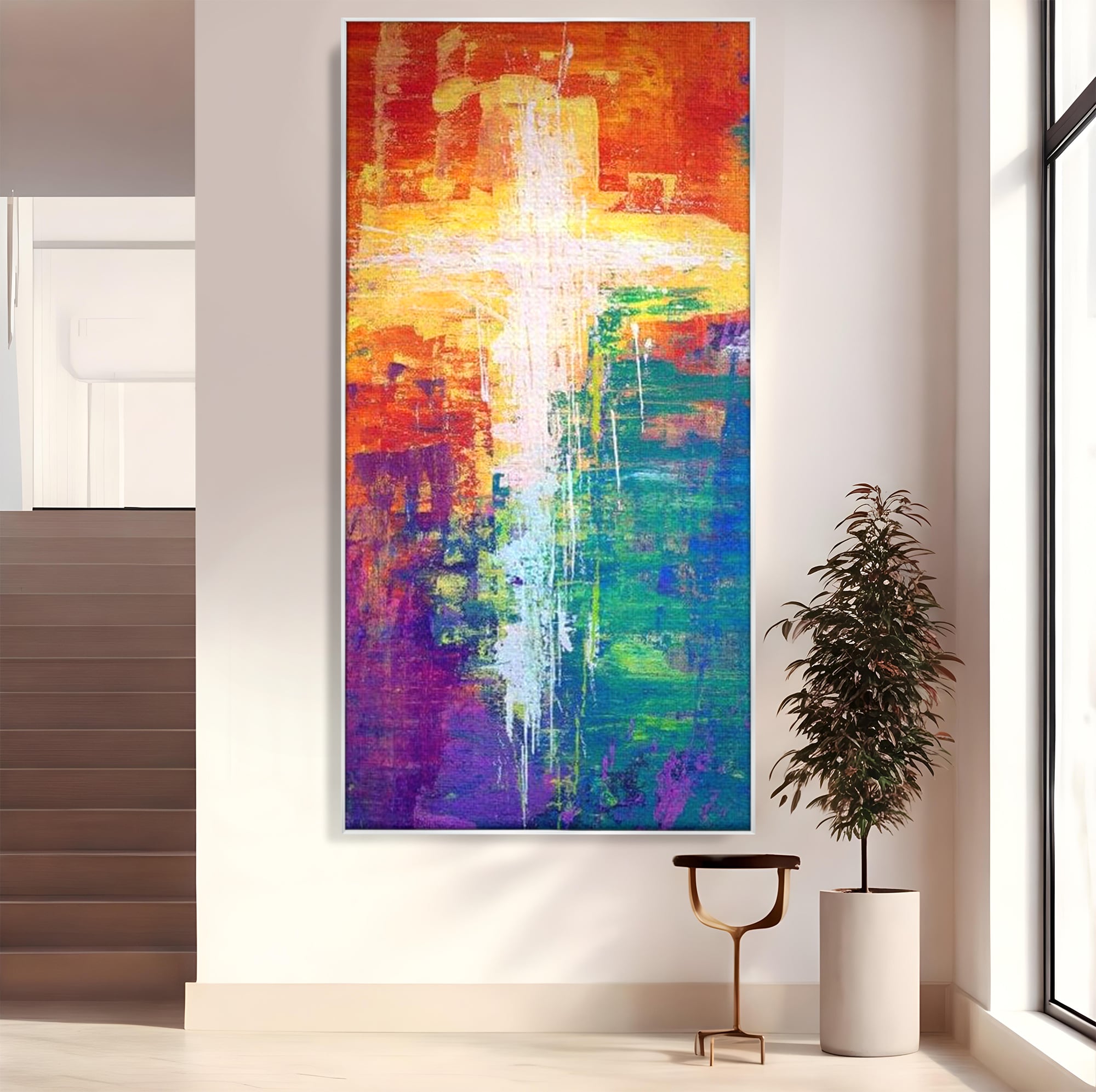 Tablou Canvas Premium LuxCanva® H1014, Lumina Divina in Culori , Lumina, Culori, Credinta, Cruce, Divinitate, Emotie, Simbol, Inspiratie, Living