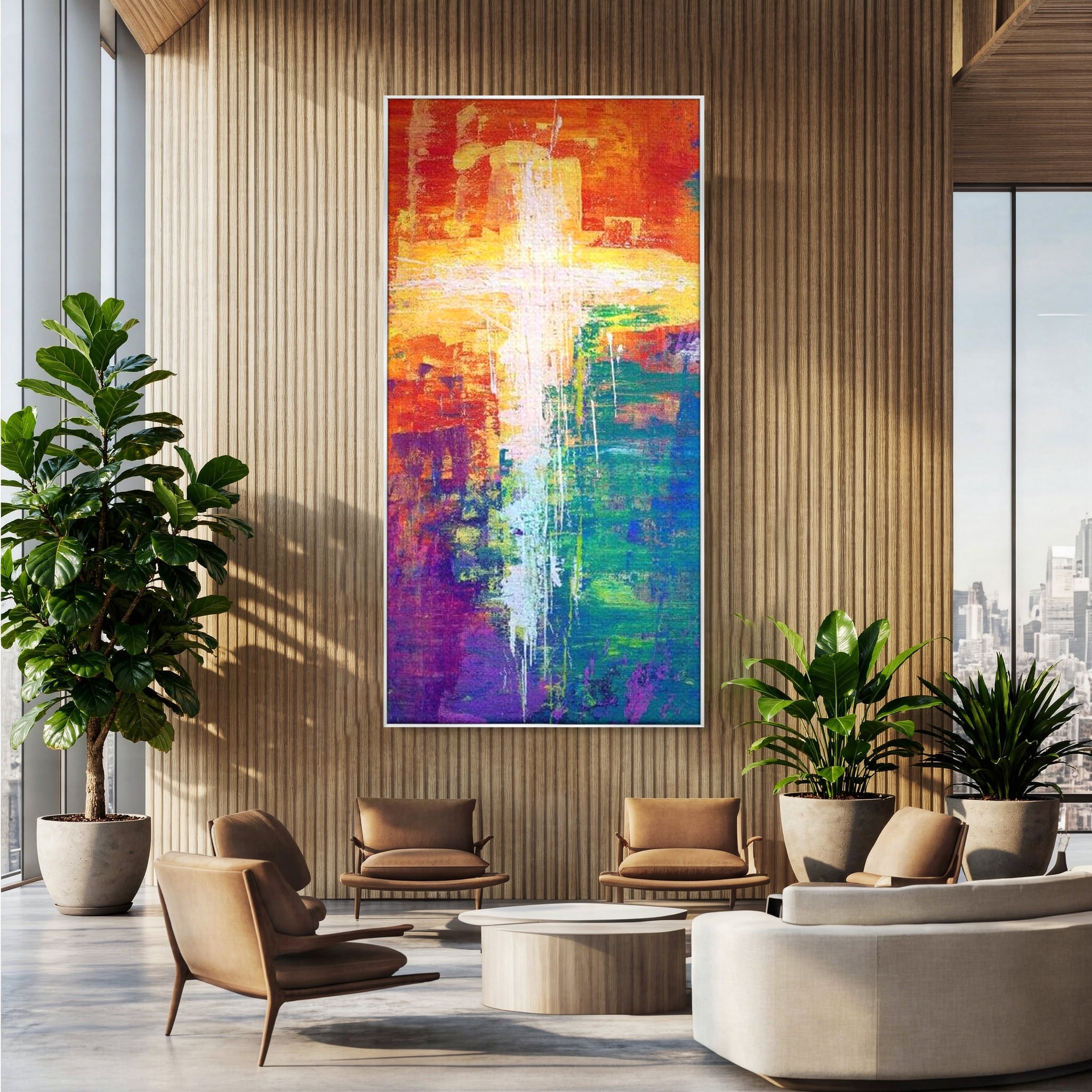 Tablou Canvas Premium LuxCanva® H1014, Lumina Divina in Culori , Lumina, Culori, Credinta, Cruce, Divinitate, Emotie, Simbol, Inspiratie, Living