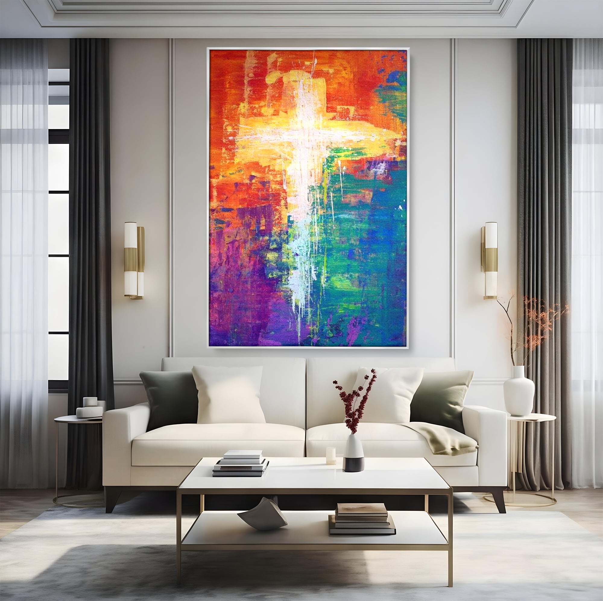 Tablou Canvas Premium LuxCanva® H1014, Lumina Divina in Culori , Lumina, Culori, Credinta, Cruce, Divinitate, Emotie, Simbol, Inspiratie, Living