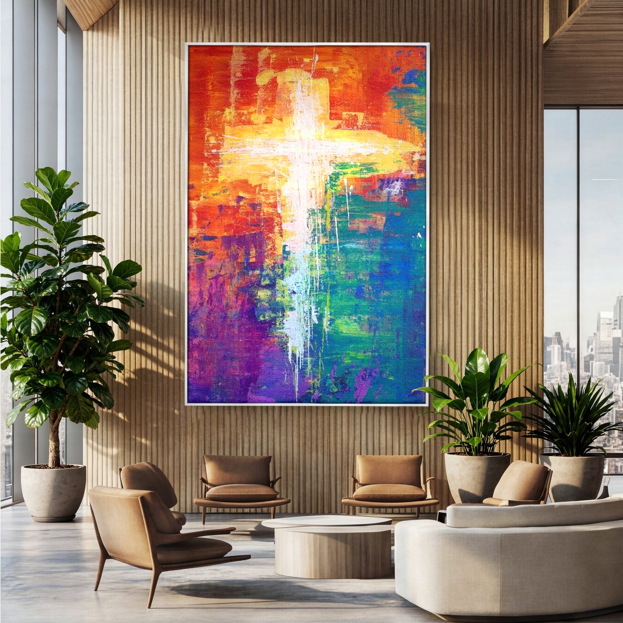 Tablou Canvas Premium LuxCanva® H1014, Lumina Divina in Culori , Lumina, Culori, Credinta, Cruce, Divinitate, Emotie, Simbol, Inspiratie, Living
