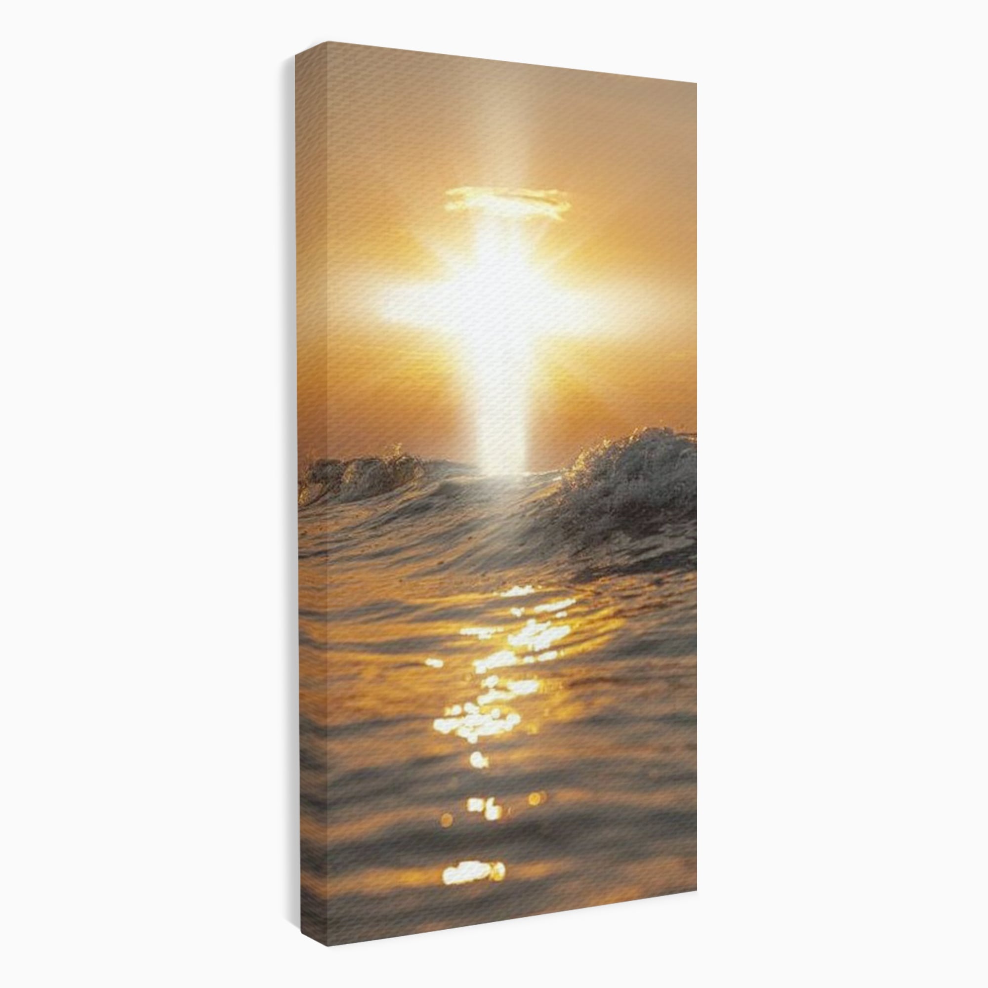 Tablou Canvas Premium LuxCanva® H1019 Lumina Sfanta pe Ape , Apus, Cruce, Spritual, Valuri, Pace, Suflet, Ocean, Credinta, Speranta, Living, Dormitor