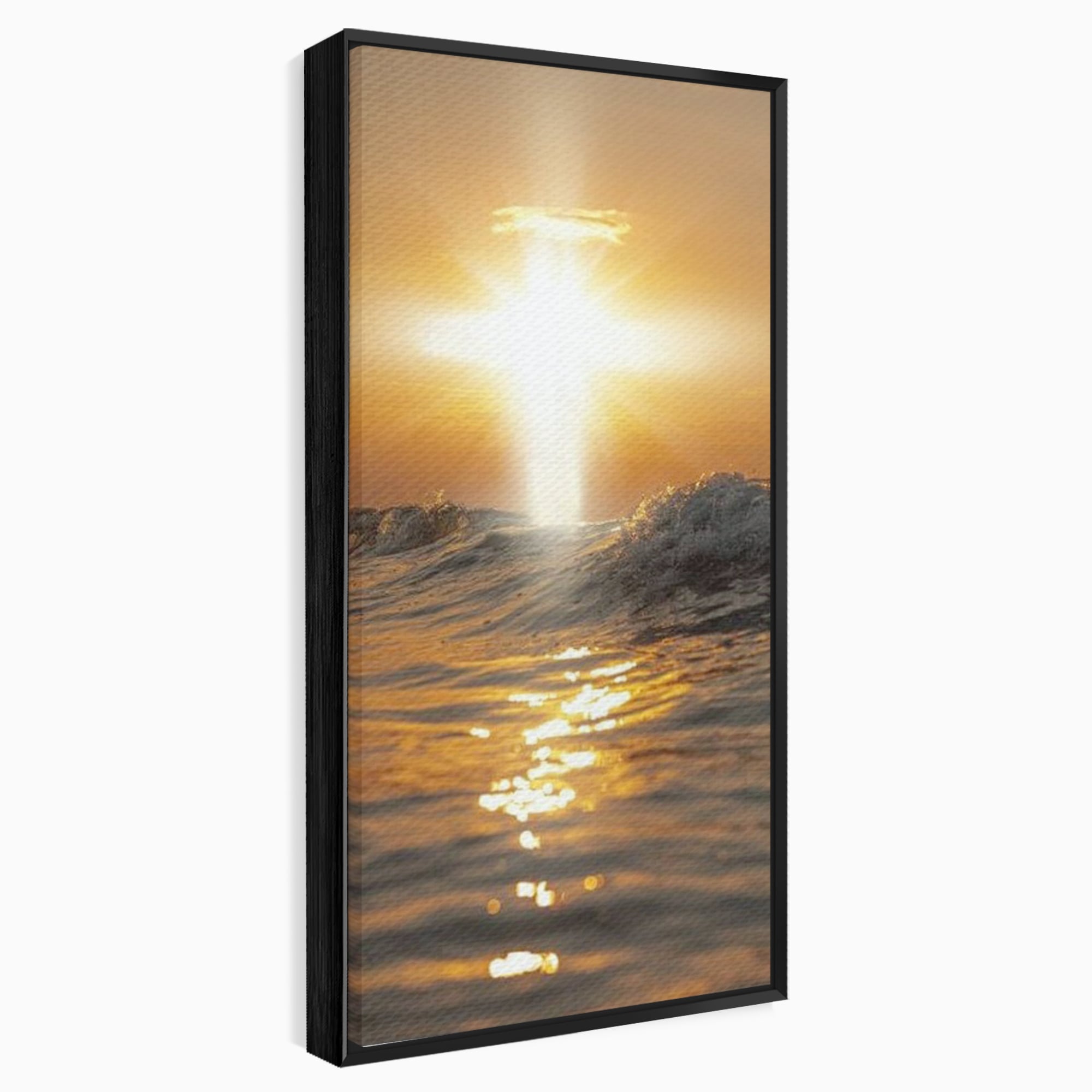 Tablou Canvas Premium LuxCanva® H1019 Lumina Sfanta pe Ape , Apus, Cruce, Spritual, Valuri, Pace, Suflet, Ocean, Credinta, Speranta, Living, Dormitor