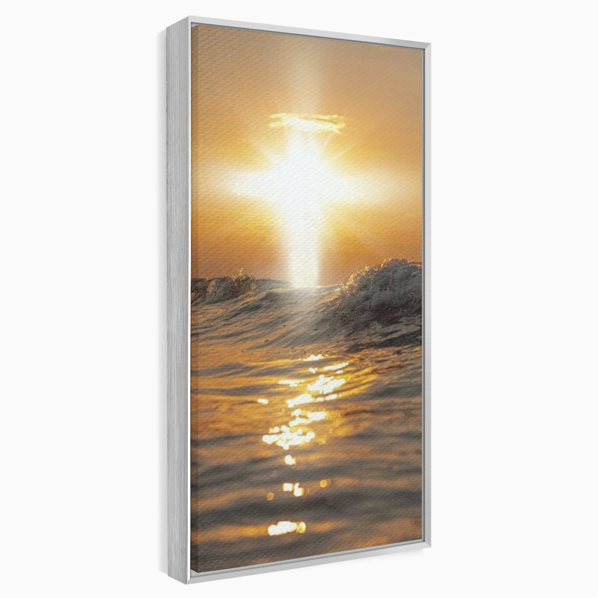 Tablou Canvas Premium LuxCanva® H1019 Lumina Sfanta pe Ape , Apus, Cruce, Spritual, Valuri, Pace, Suflet, Ocean, Credinta, Speranta, Living, Dormitor