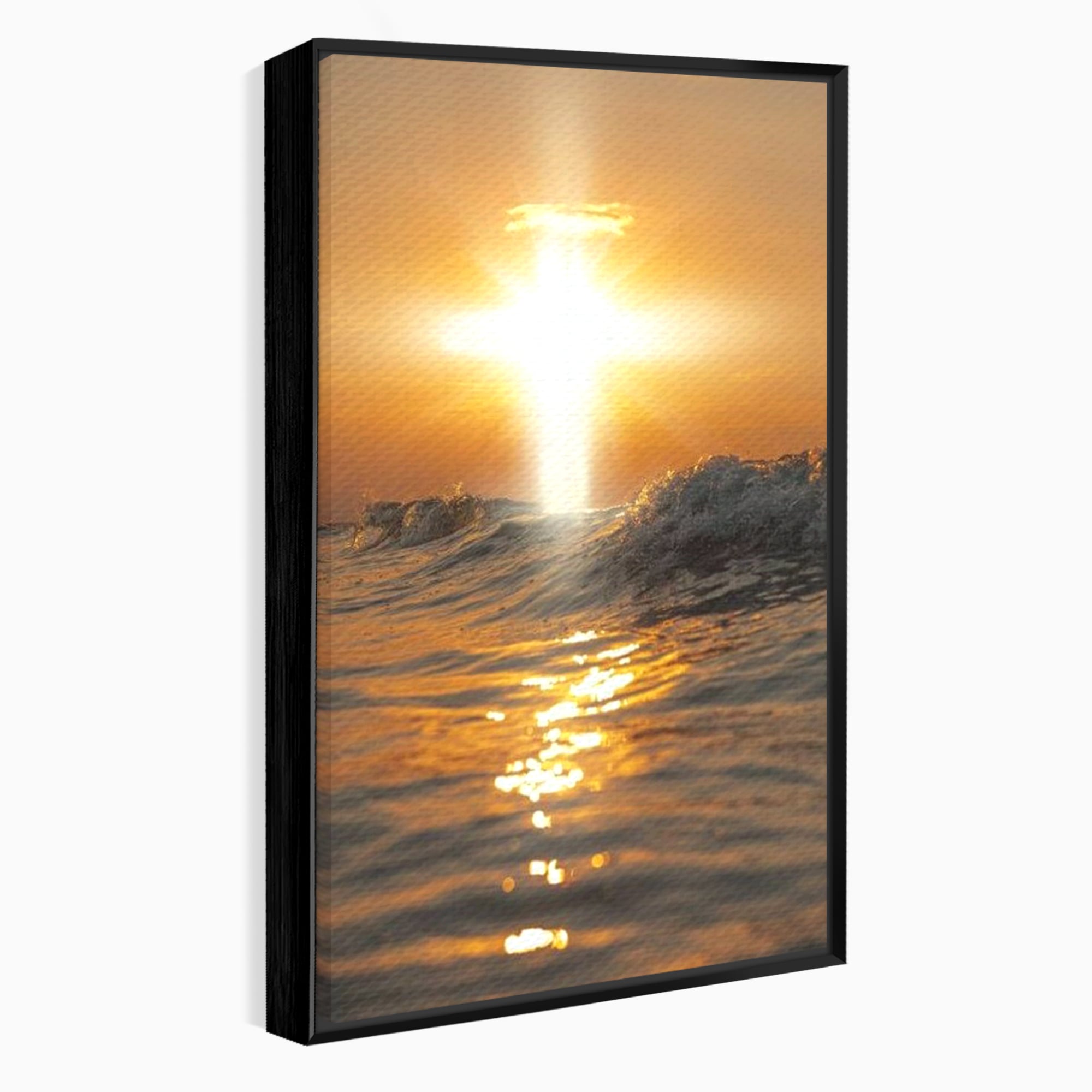 Tablou Canvas Premium LuxCanva® H1019 Lumina Sfanta pe Ape , Apus, Cruce, Spritual, Valuri, Pace, Suflet, Ocean, Credinta, Speranta, Living, Dormitor