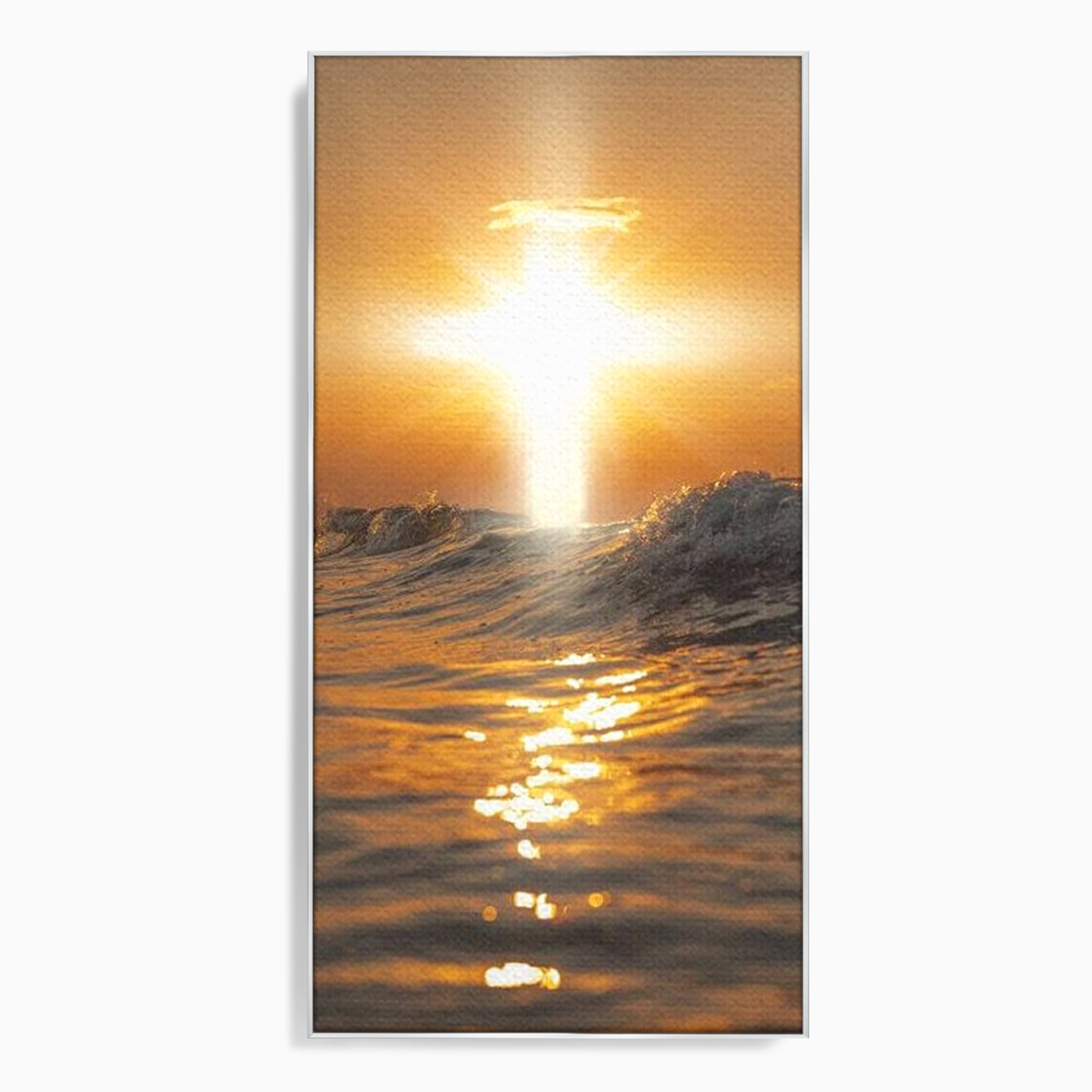 Tablou Canvas Premium LuxCanva® H1019 Lumina Sfanta pe Ape , Apus, Cruce, Spritual, Valuri, Pace, Suflet, Ocean, Credinta, Speranta, Living, Dormitor