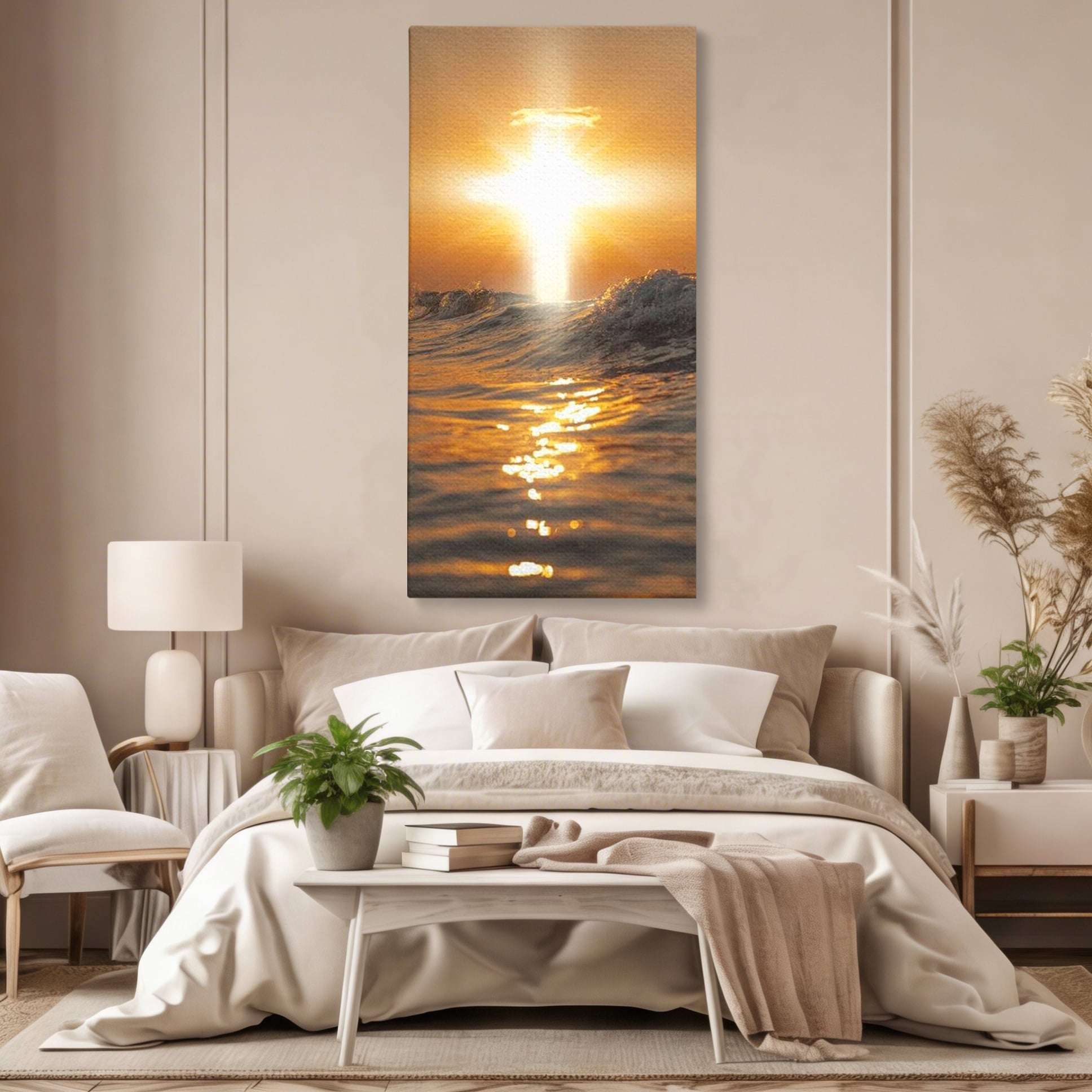 Tablou Canvas Premium LuxCanva® H1019 Lumina Sfanta pe Ape , Apus, Cruce, Spritual, Valuri, Pace, Suflet, Ocean, Credinta, Speranta, Living, Dormitor