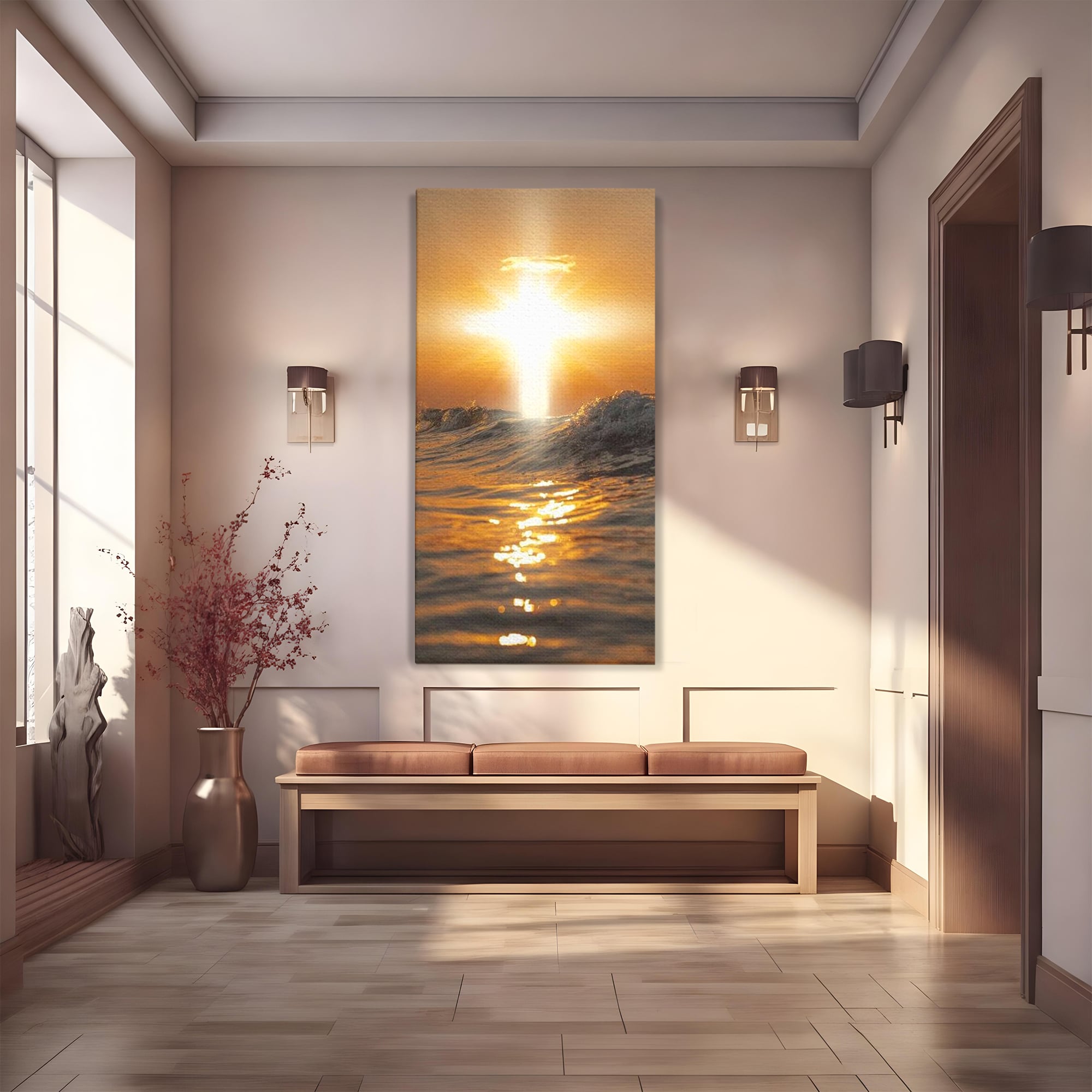 Tablou Canvas Premium LuxCanva® H1019 Lumina Sfanta pe Ape , Apus, Cruce, Spritual, Valuri, Pace, Suflet, Ocean, Credinta, Speranta, Living, Dormitor