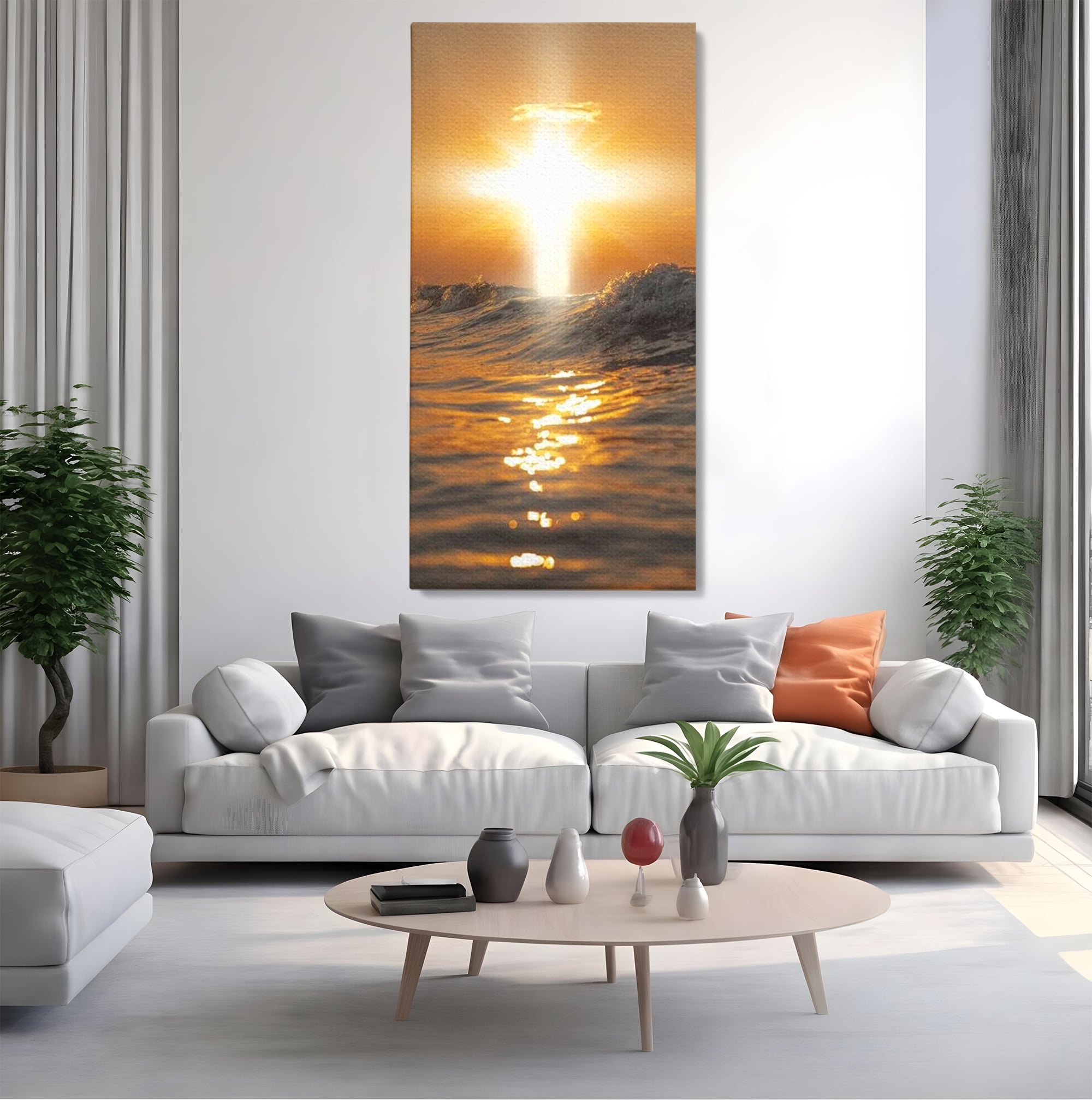 Tablou Canvas Premium LuxCanva® H1019 Lumina Sfanta pe Ape , Apus, Cruce, Spritual, Valuri, Pace, Suflet, Ocean, Credinta, Speranta, Living, Dormitor