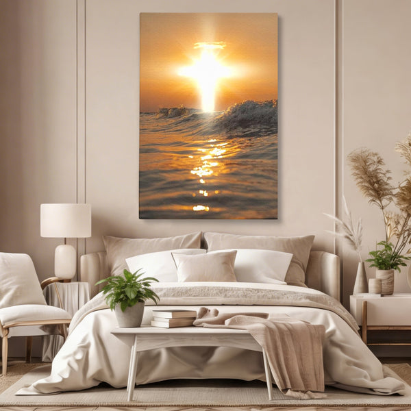 Tablou Canvas Premium LuxCanva® H1019 Lumina Sfanta pe Ape , Apus, Cruce, Spritual, Valuri, Pace, Suflet, Ocean, Credinta, Speranta, Living, Dormitor