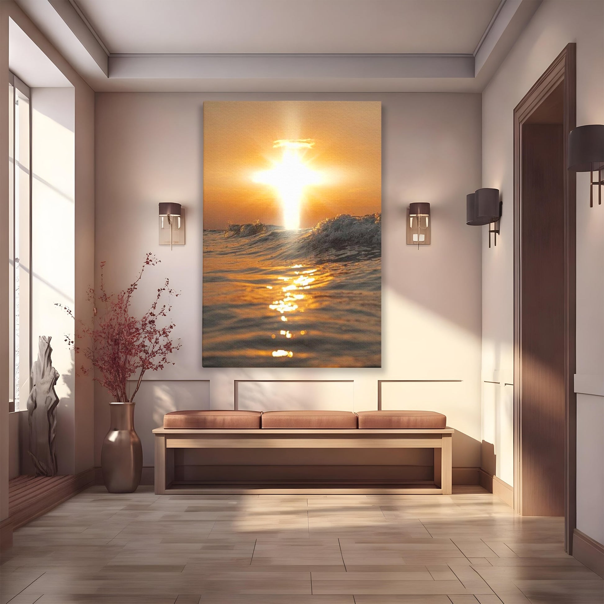 Tablou Canvas Premium LuxCanva® H1019 Lumina Sfanta pe Ape , Apus, Cruce, Spritual, Valuri, Pace, Suflet, Ocean, Credinta, Speranta, Living, Dormitor