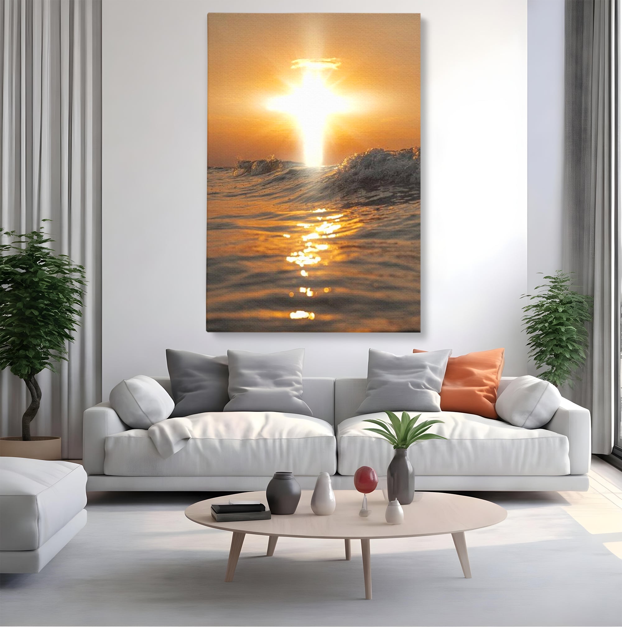 Tablou Canvas Premium LuxCanva® H1019 Lumina Sfanta pe Ape , Apus, Cruce, Spritual, Valuri, Pace, Suflet, Ocean, Credinta, Speranta, Living, Dormitor