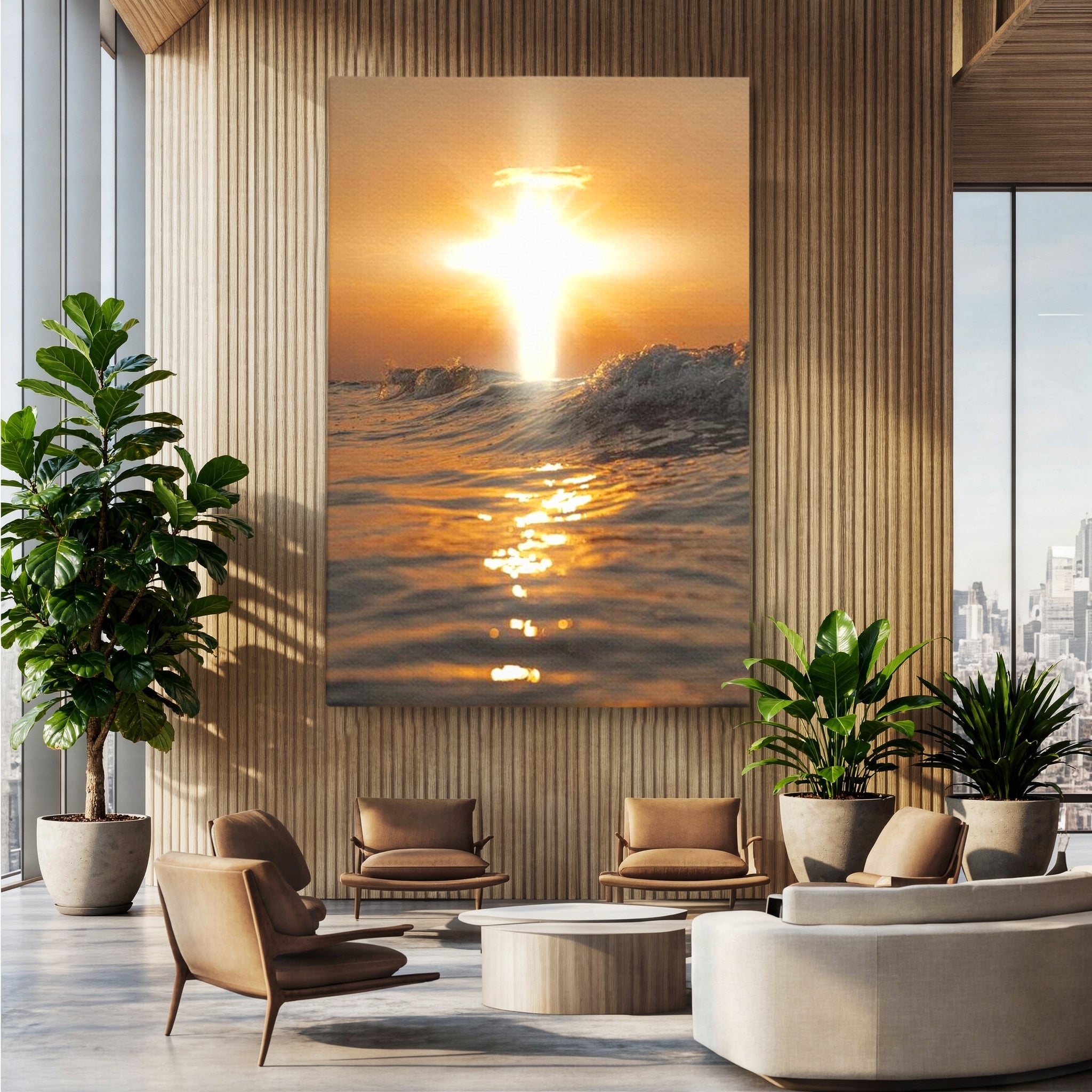 Tablou Canvas Premium LuxCanva® H1019 Lumina Sfanta pe Ape , Apus, Cruce, Spritual, Valuri, Pace, Suflet, Ocean, Credinta, Speranta, Living, Dormitor