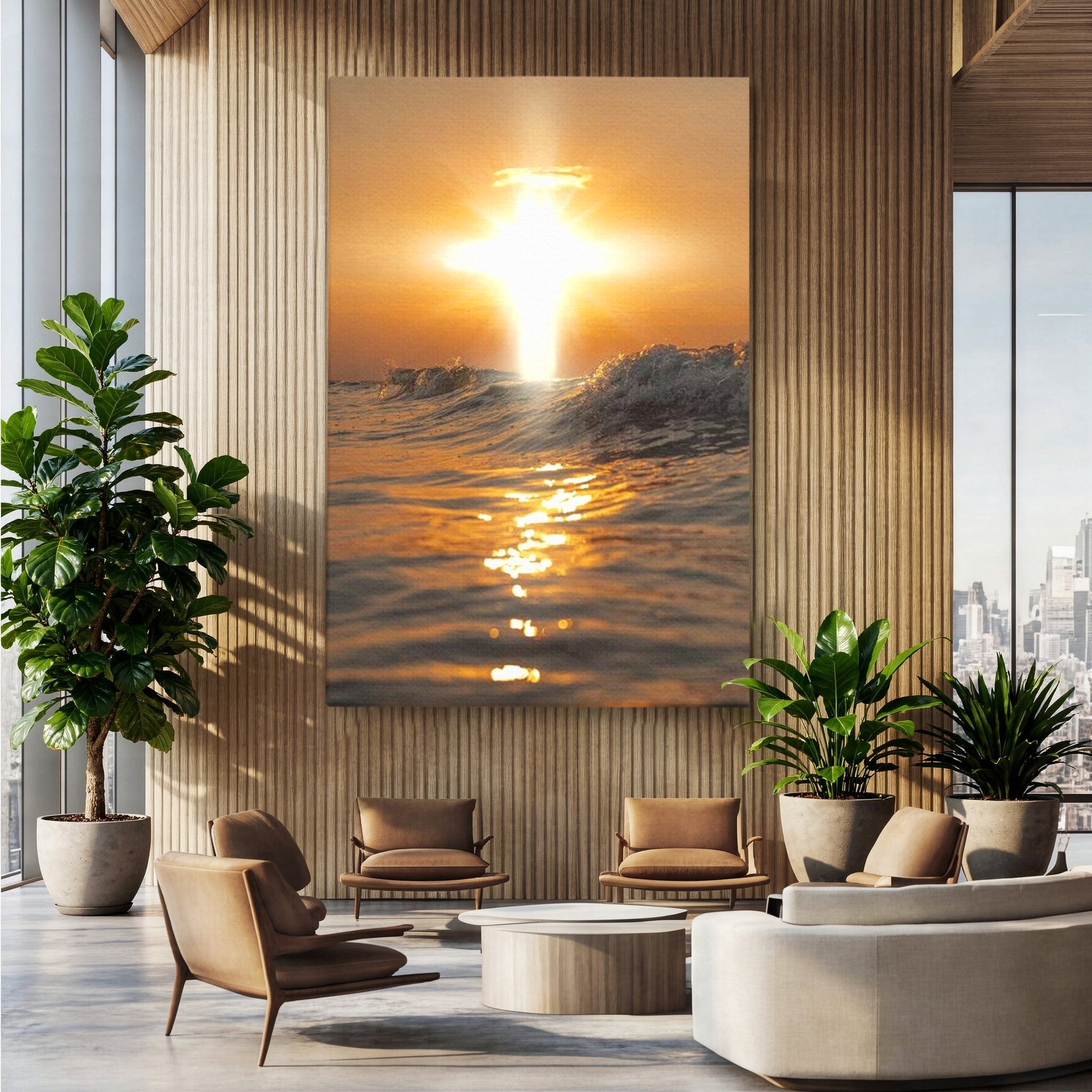 Tablou Canvas Premium LuxCanva® H1019 Lumina Sfanta pe Ape , Apus, Cruce, Spritual, Valuri, Pace, Suflet, Ocean, Credinta, Speranta, Living, Dormitor