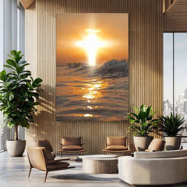 Tablou Canvas Premium LuxCanva® H1019 Lumina Sfanta pe Ape , Apus, Cruce, Spritual, Valuri, Pace, Suflet, Ocean, Credinta, Speranta, Living, Dormitor
