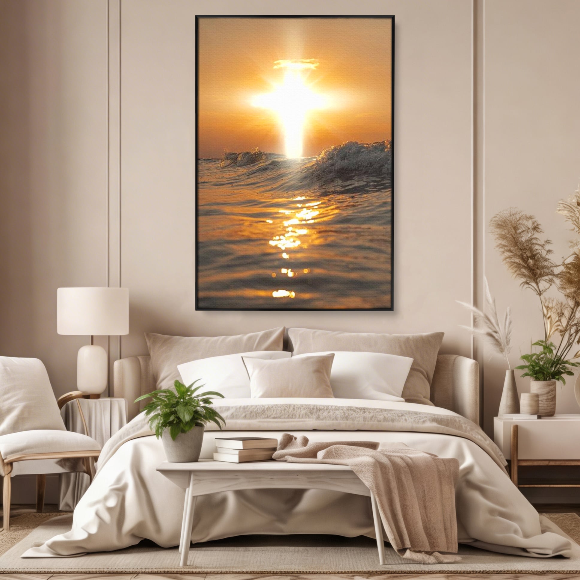 Tablou Canvas Premium LuxCanva® H1019 Lumina Sfanta pe Ape , Apus, Cruce, Spritual, Valuri, Pace, Suflet, Ocean, Credinta, Speranta, Living, Dormitor