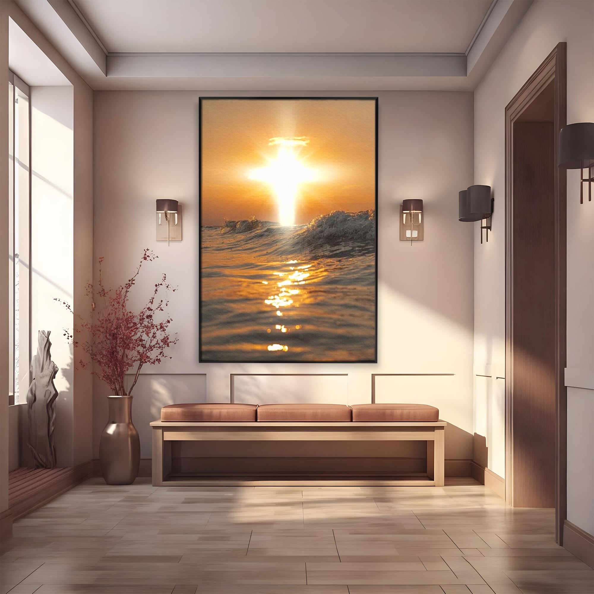 Tablou Canvas Premium LuxCanva® H1019 Lumina Sfanta pe Ape , Apus, Cruce, Spritual, Valuri, Pace, Suflet, Ocean, Credinta, Speranta, Living, Dormitor