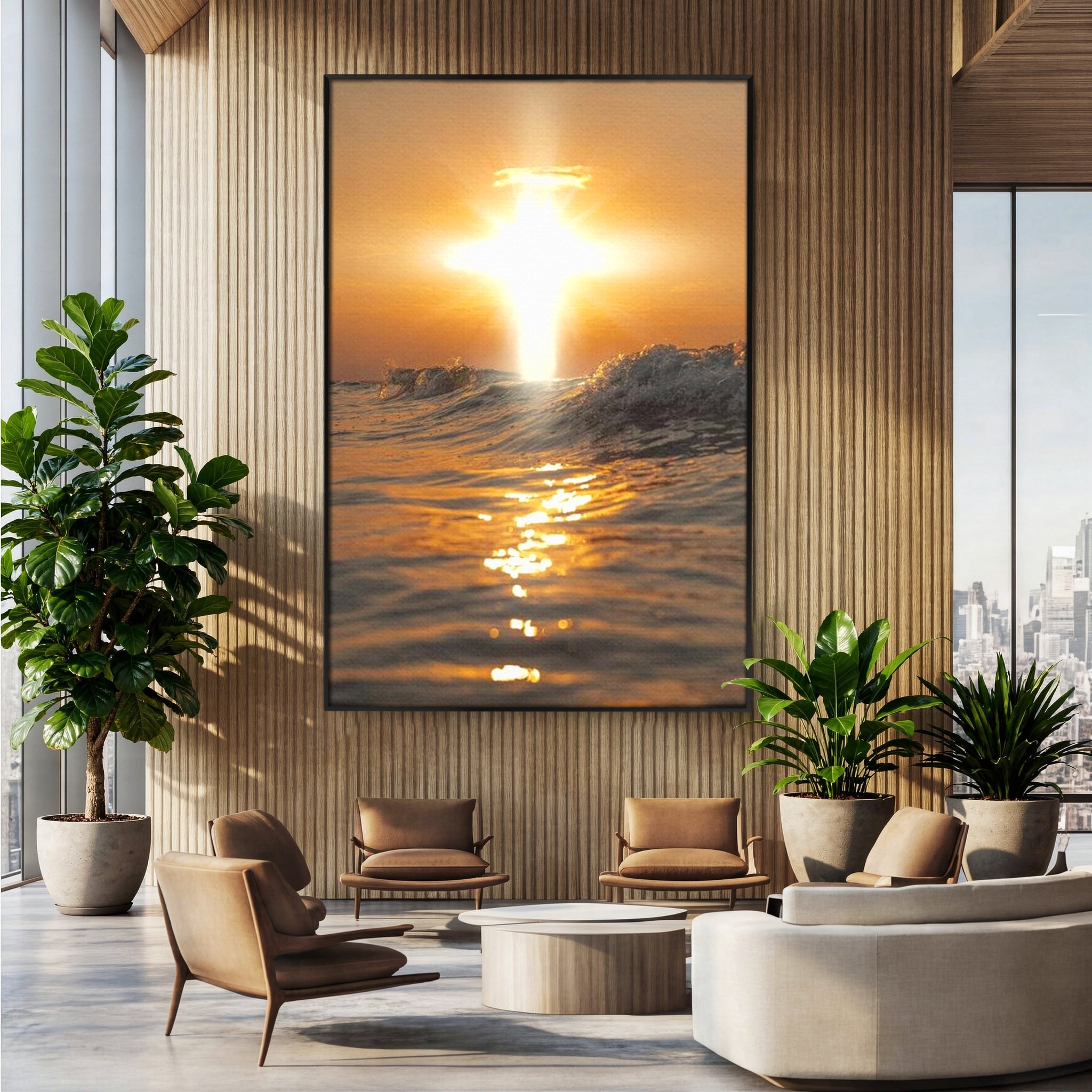Tablou Canvas Premium LuxCanva® H1019 Lumina Sfanta pe Ape , Apus, Cruce, Spritual, Valuri, Pace, Suflet, Ocean, Credinta, Speranta, Living, Dormitor