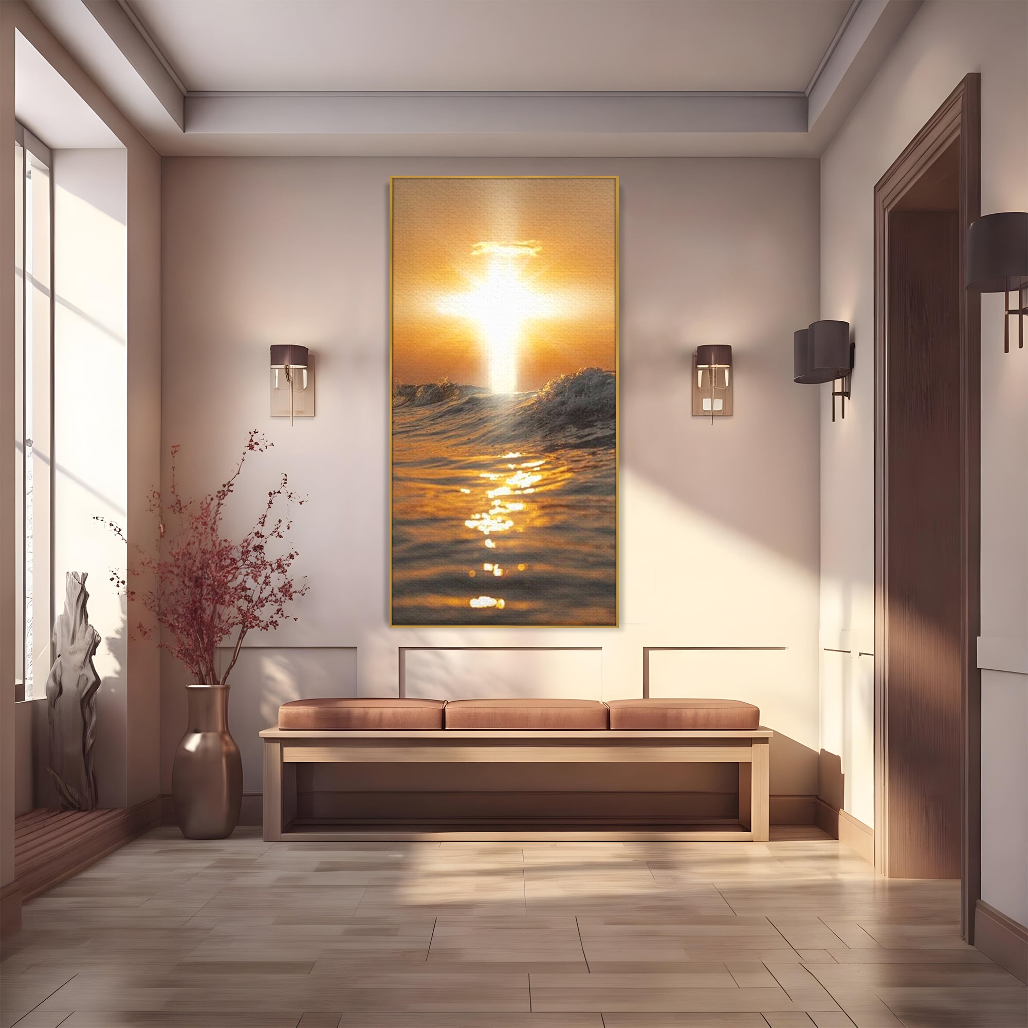 Tablou Canvas Premium LuxCanva® H1019 Lumina Sfanta pe Ape , Apus, Cruce, Spritual, Valuri, Pace, Suflet, Ocean, Credinta, Speranta, Living, Dormitor